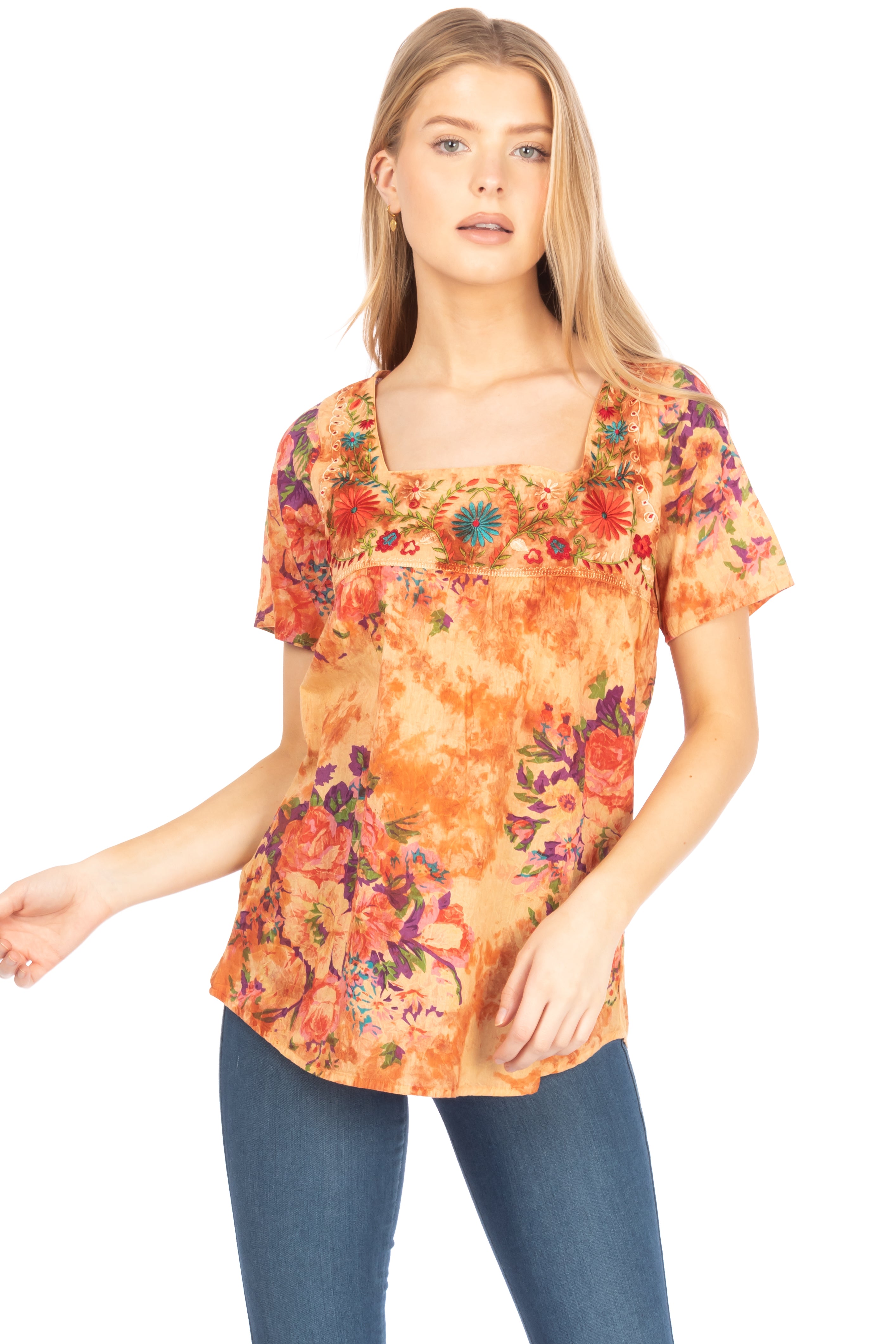 Square Neck Embroidered Boho Top