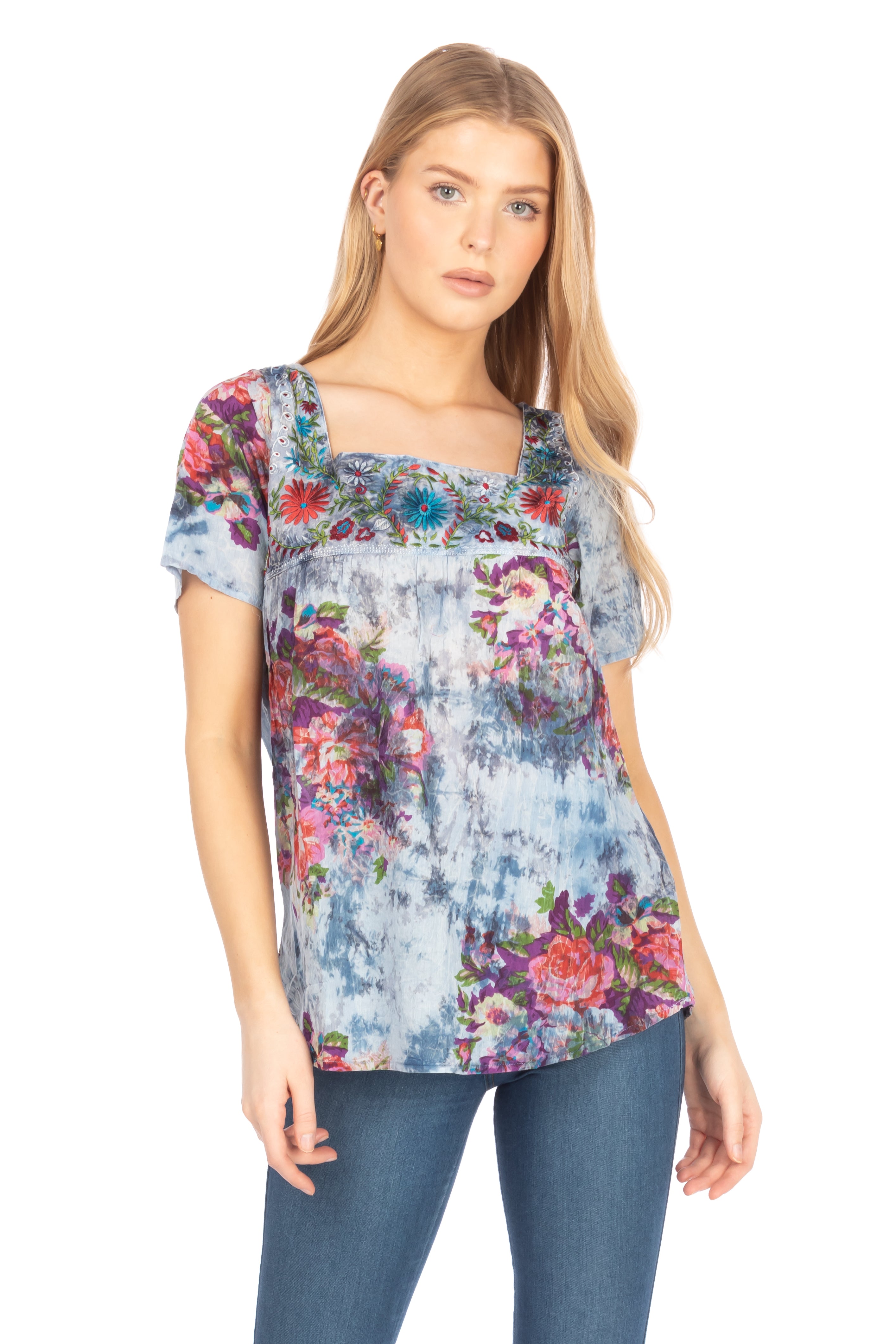 Square Neck Embroidered Boho Top