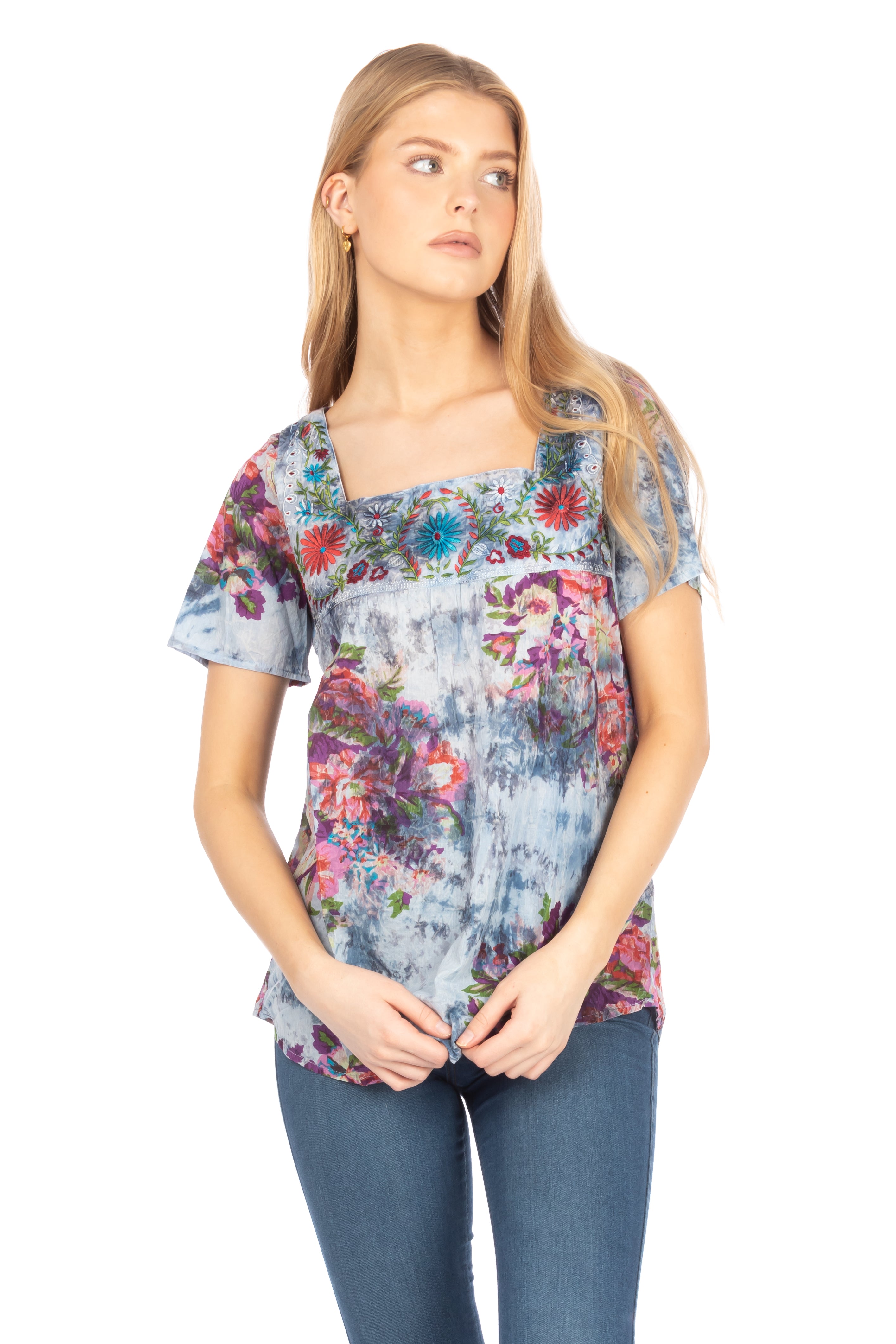 Square Neck Embroidered Boho Top