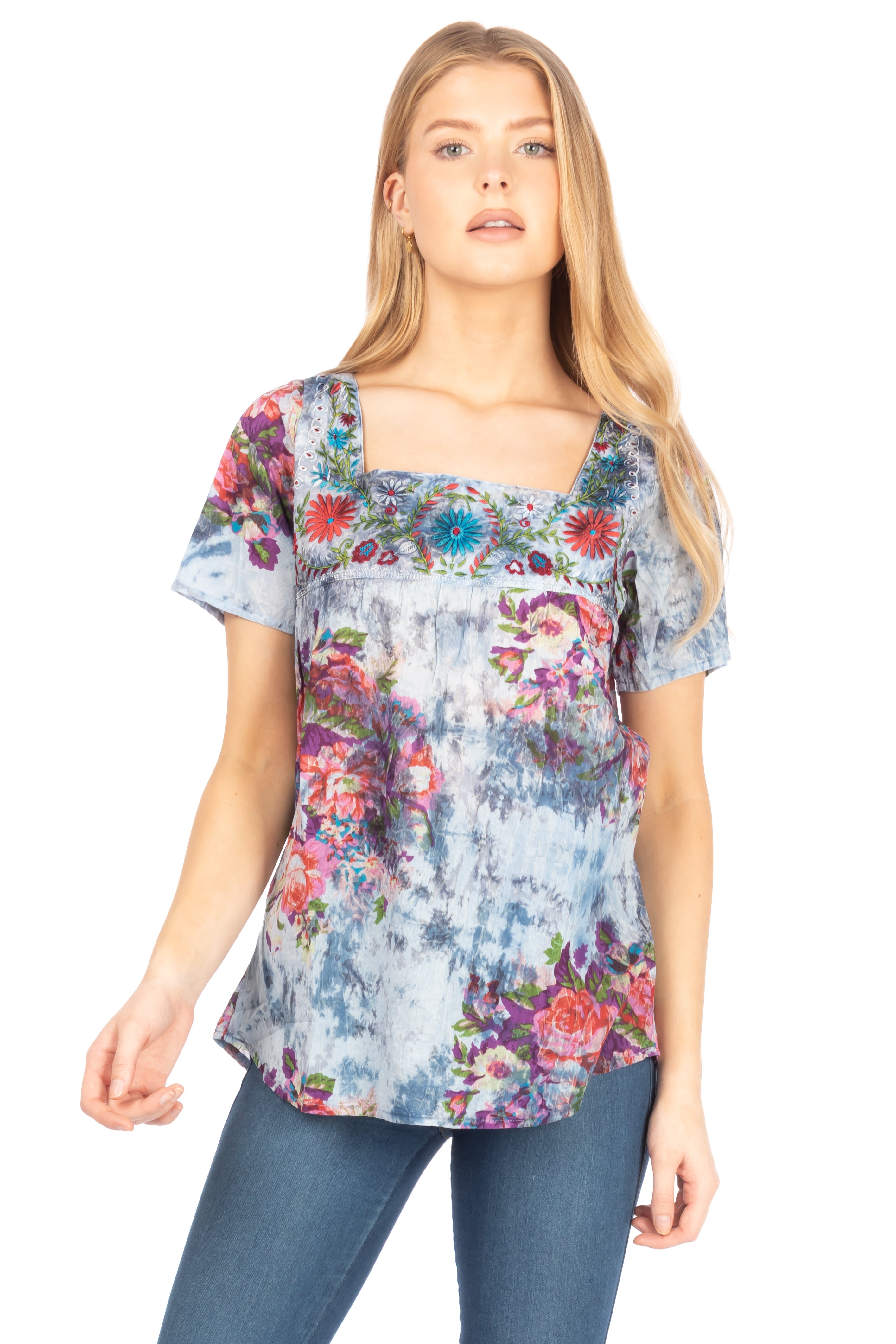 Square Neck Embroidered Boho Top