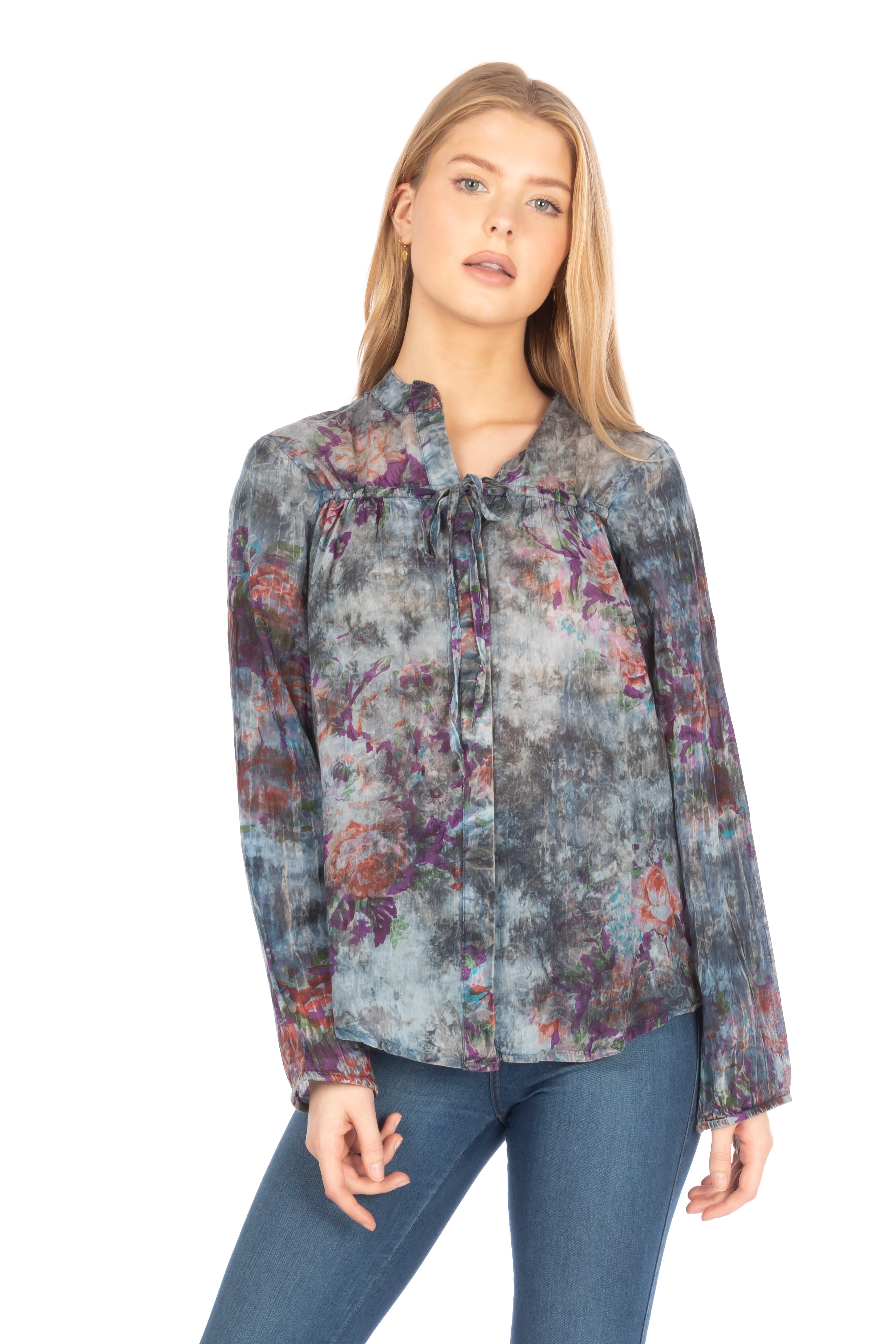 Floral Boho Button-Down Top with Draw Strings