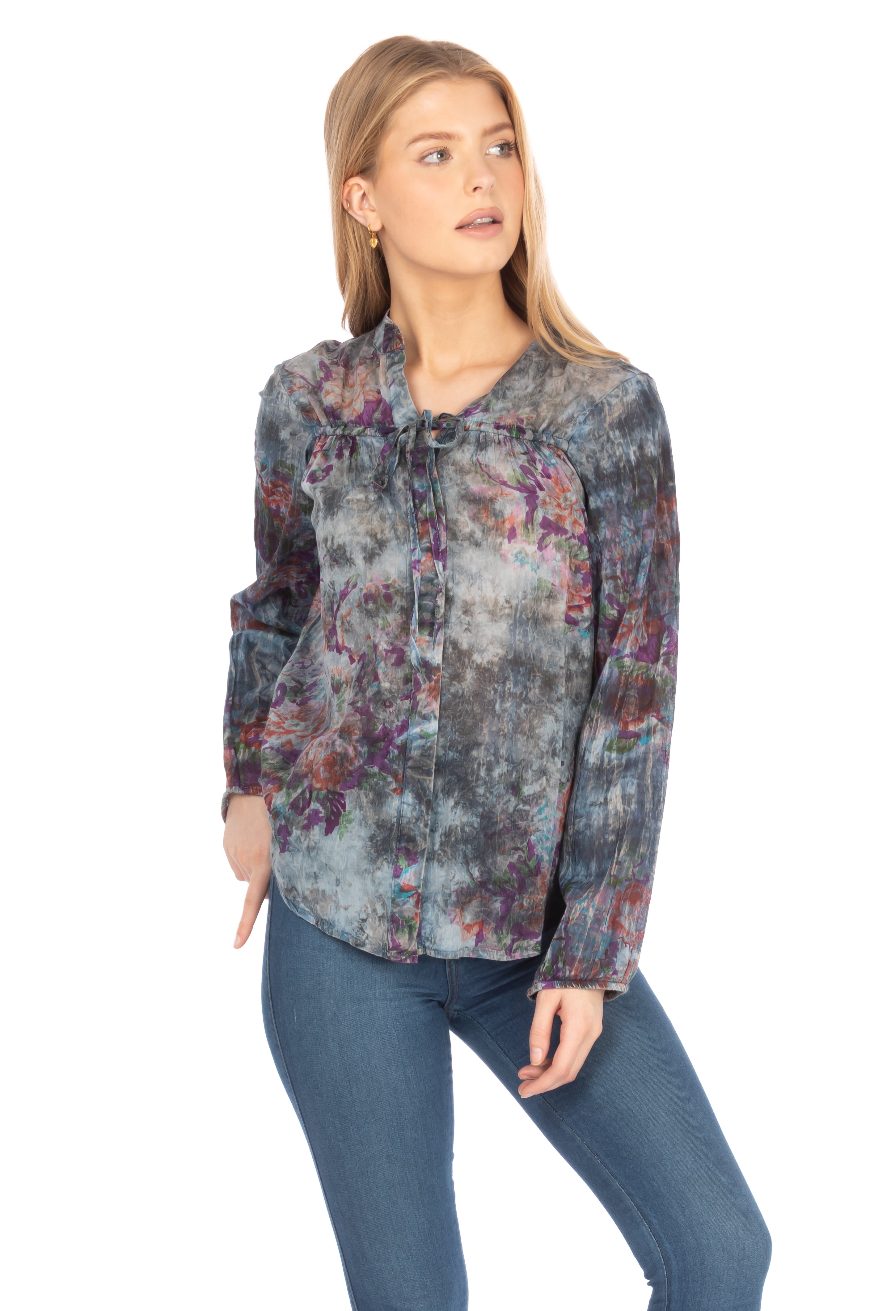 Floral Boho Button-Down Top with Draw Strings