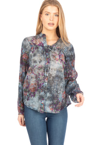 Floral Boho Button-Down Top with Draw Strings