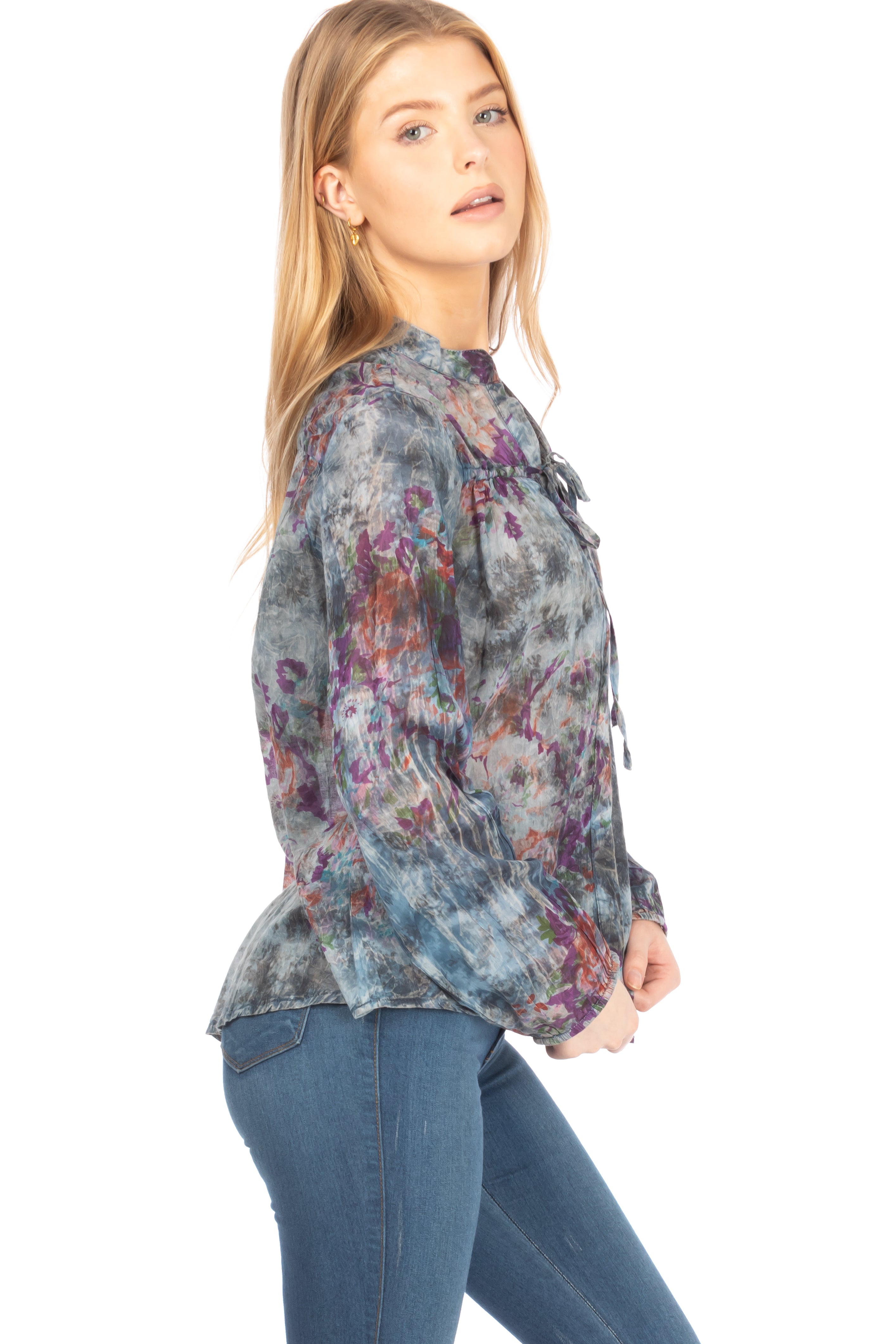 Floral Boho Button-Down Top with Draw Strings