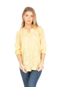 Yellow Tunic with Floral Embroidery and Drawstrings