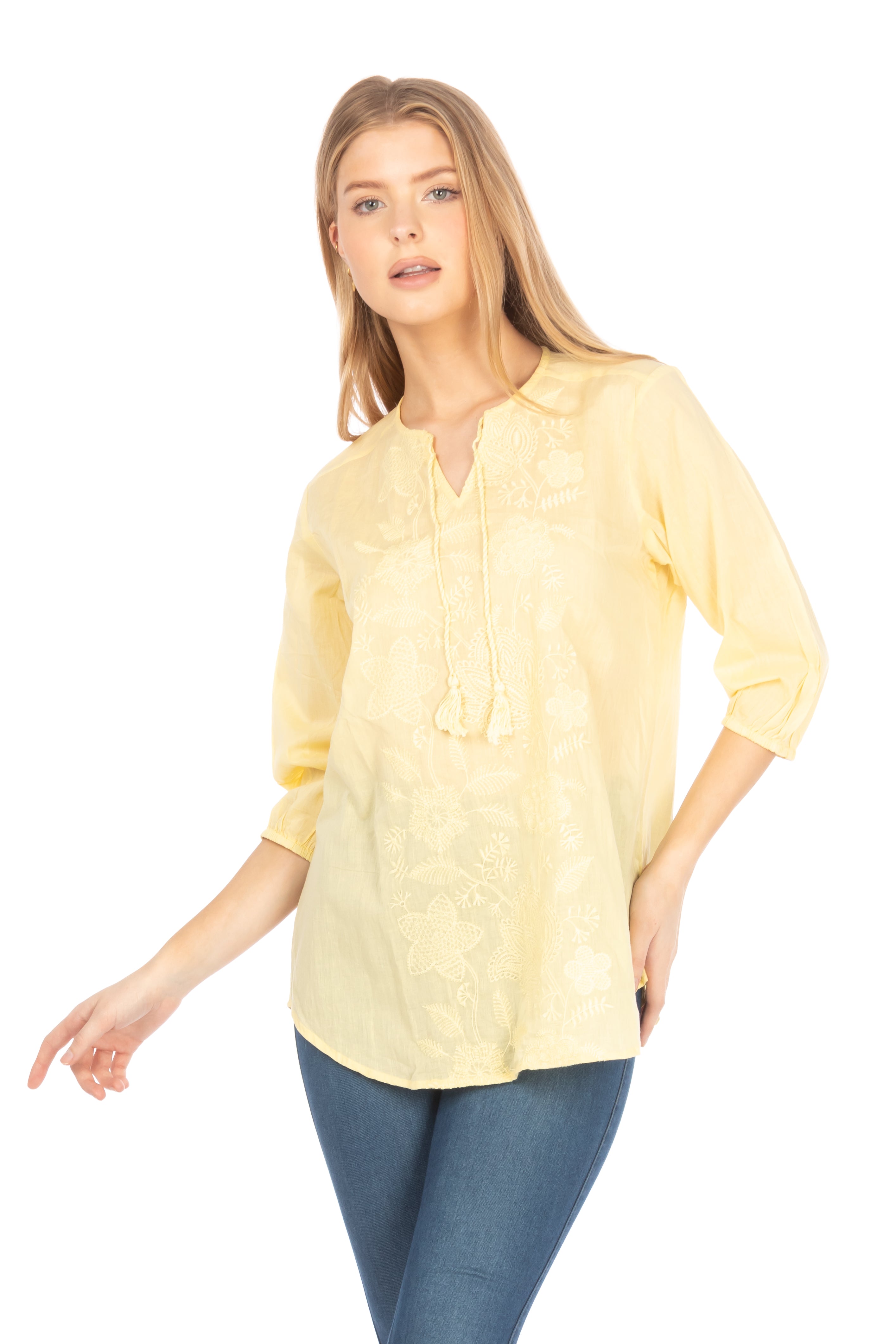 Yellow Tunic with Floral Embroidery and Drawstrings