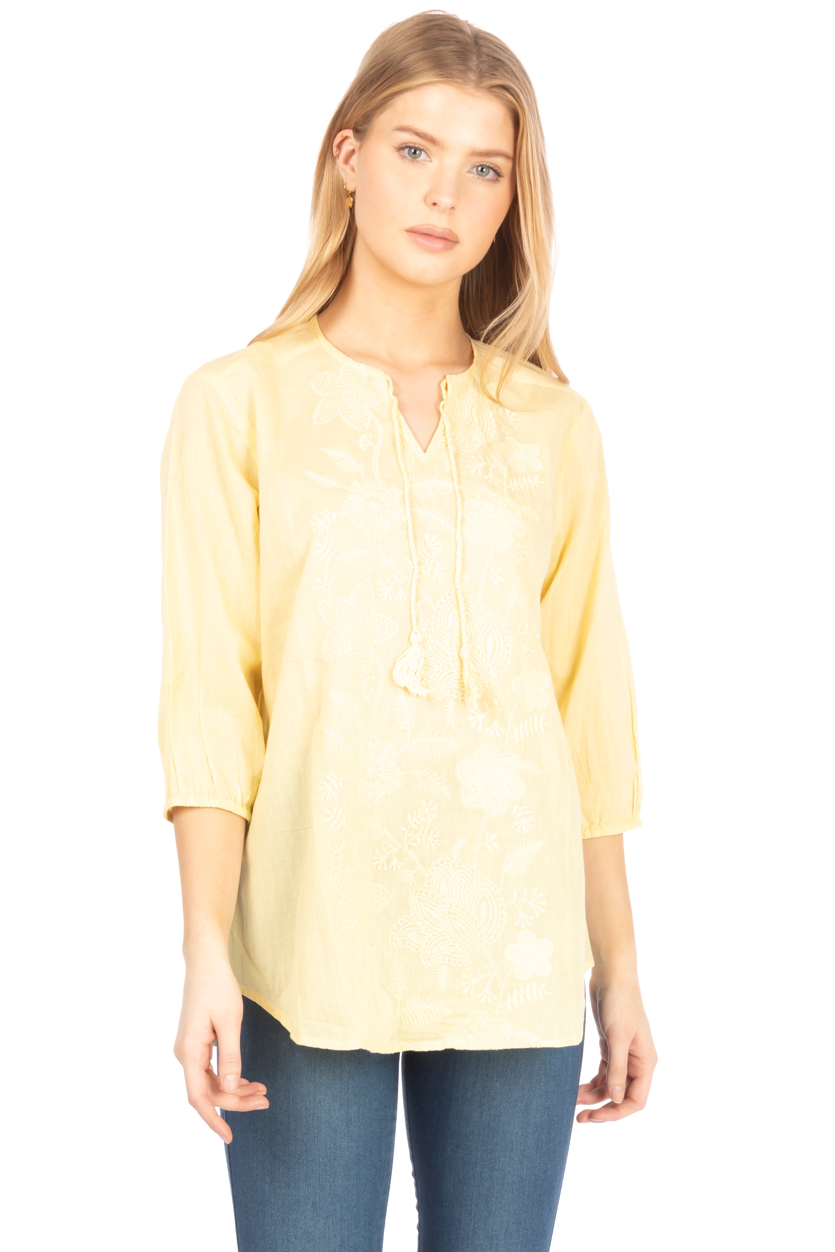 Yellow Tunic with Floral Embroidery and Drawstrings