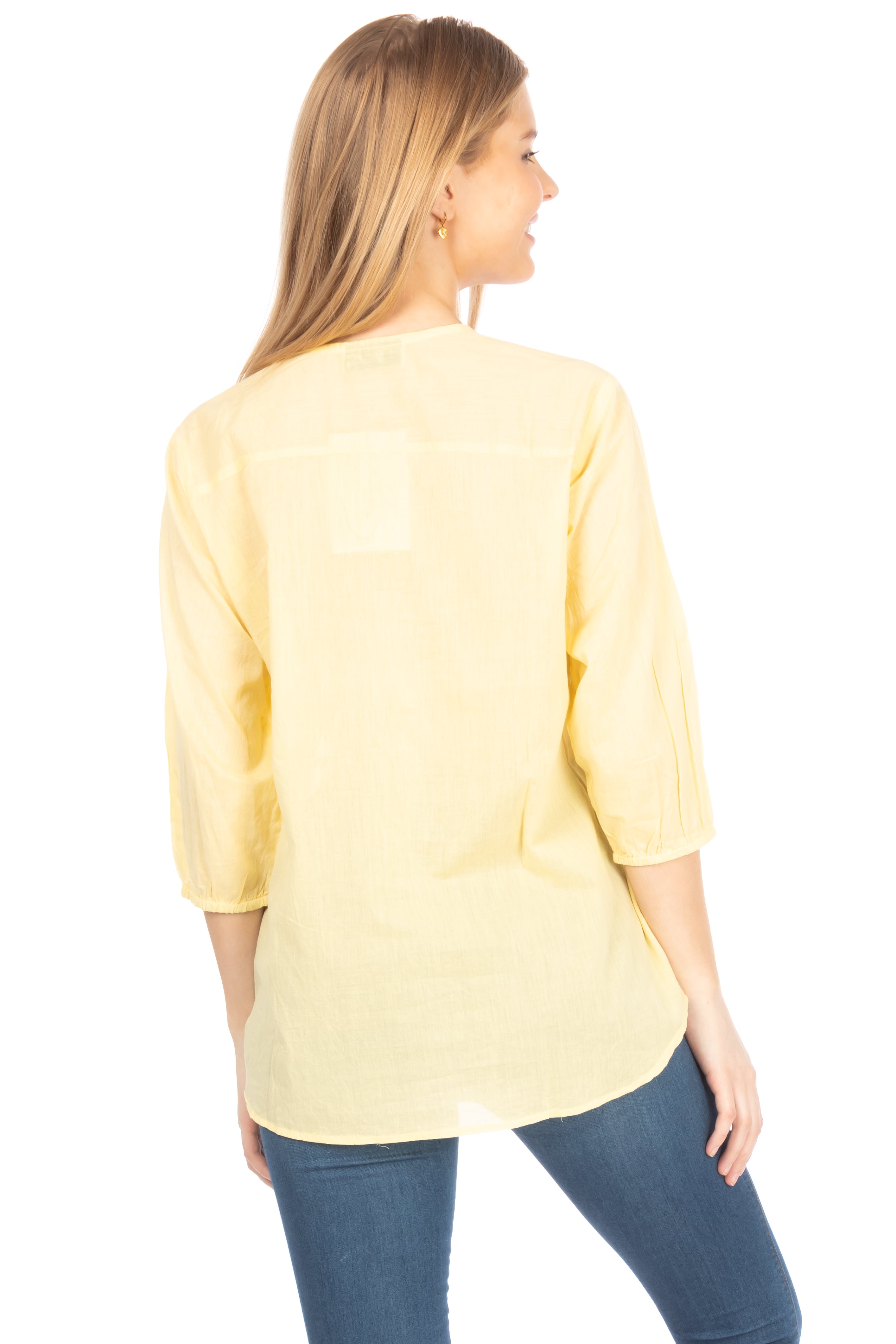 Yellow Tunic with Floral Embroidery and Drawstrings