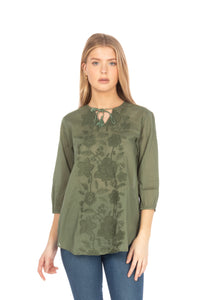 Olive Green Tunic with Floral Embroidery and Drawstrings