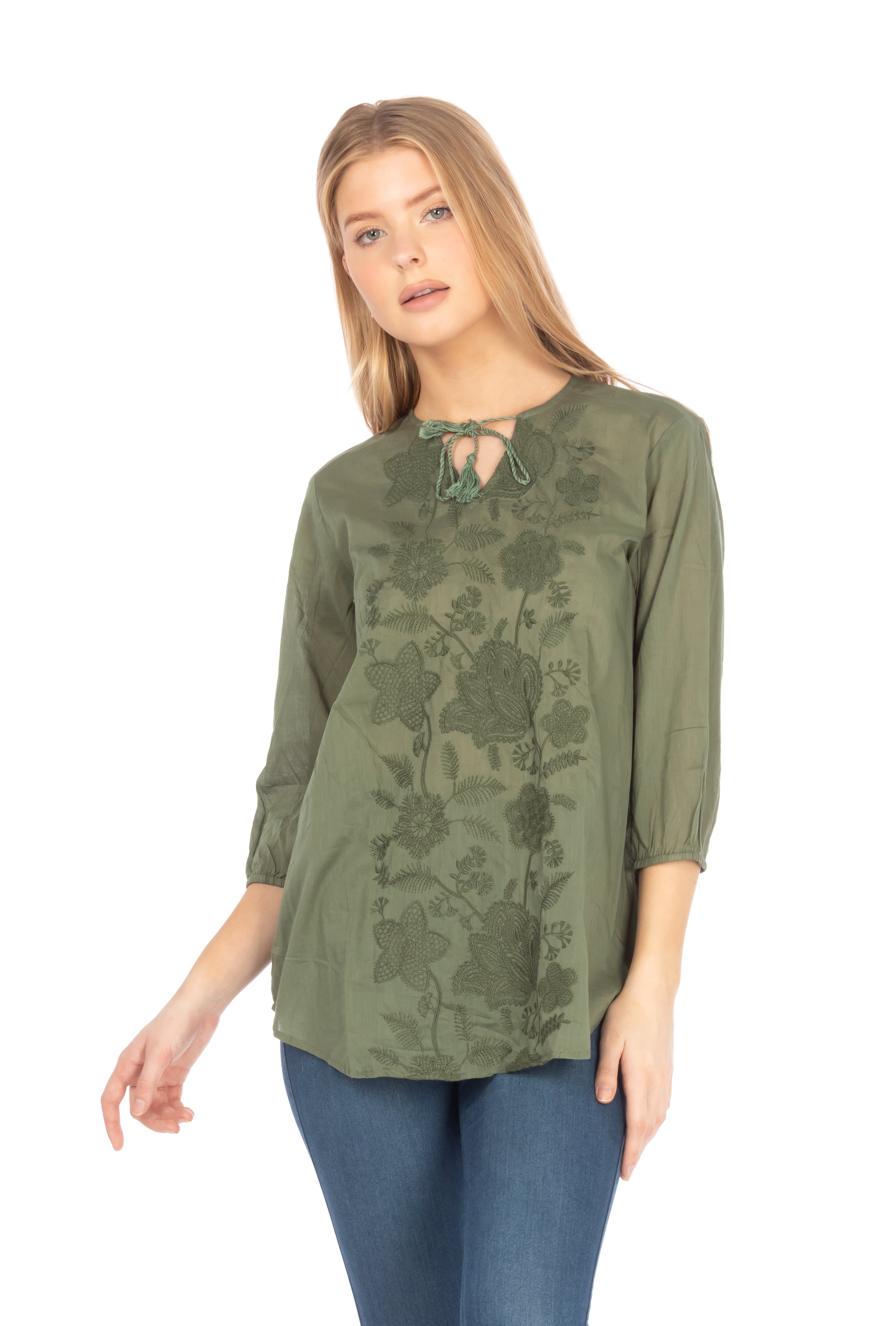 Olive Green Tunic with Floral Embroidery and Drawstrings