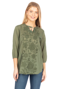 Olive Green Tunic with Floral Embroidery and Drawstrings