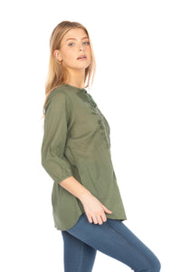 Olive Green Tunic with Floral Embroidery and Drawstrings