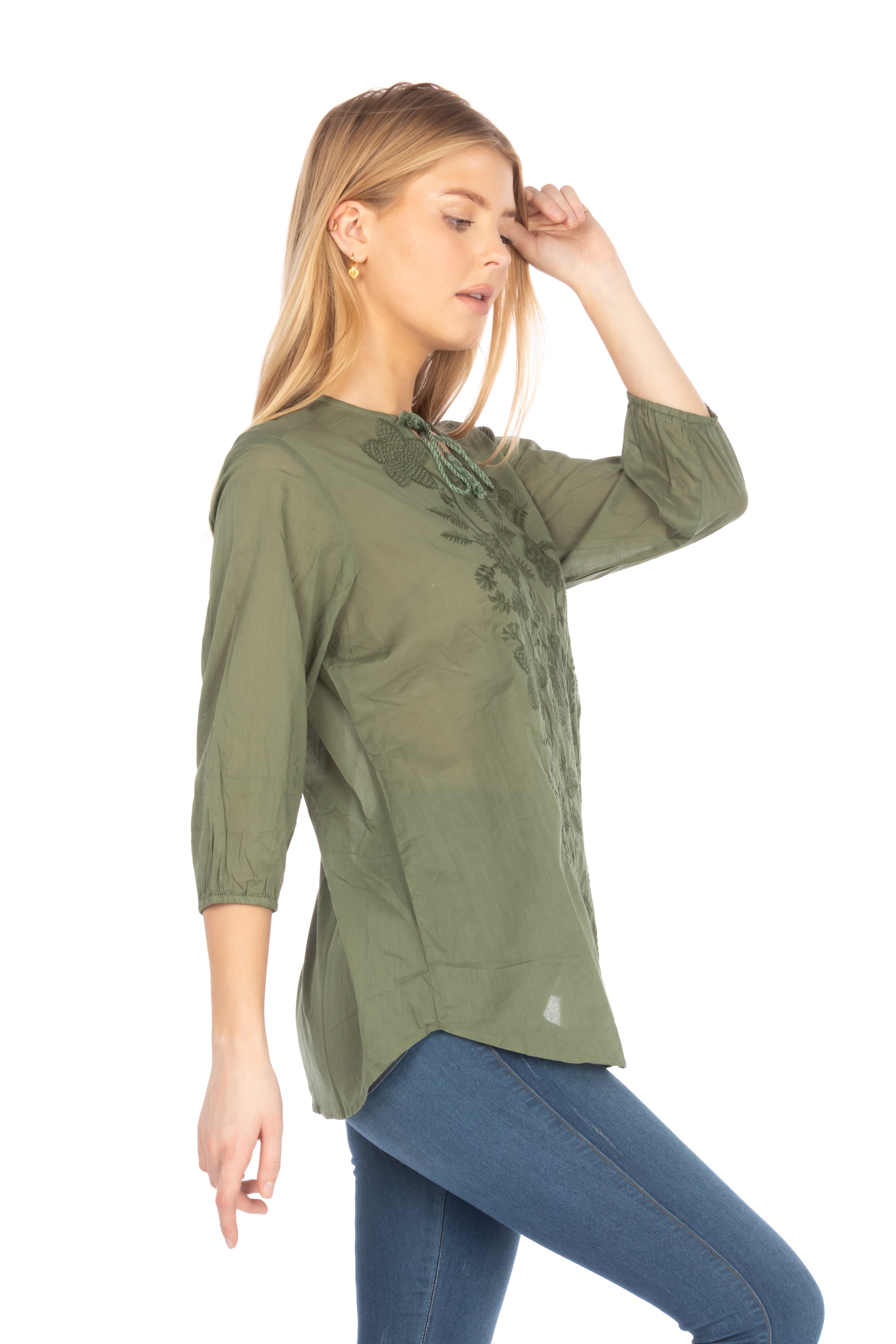 Olive Green Tunic with Floral Embroidery and Drawstrings