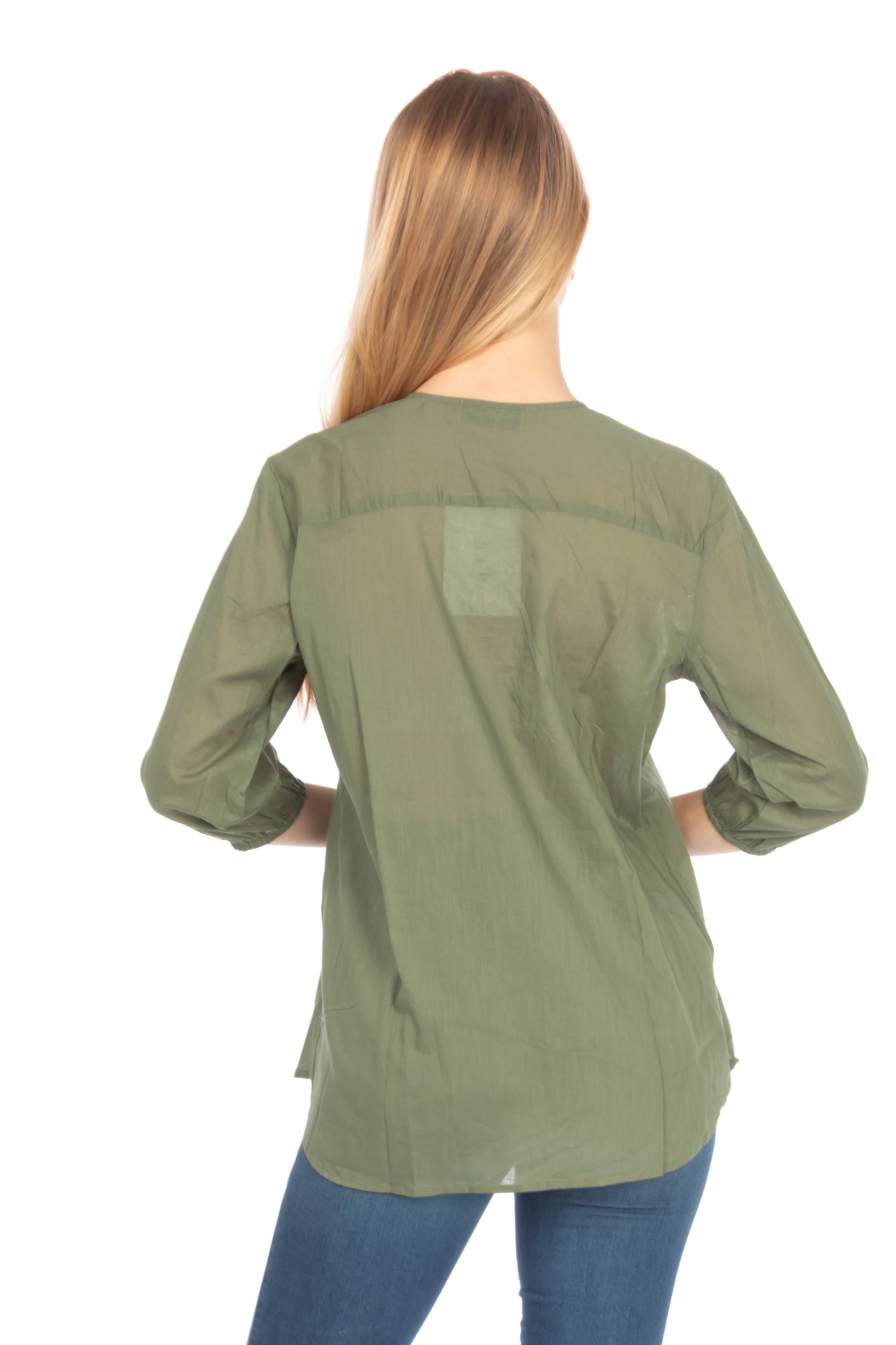 Olive Green Tunic with Floral Embroidery and Drawstrings