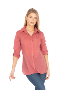 Red Button Down Shirt with Paisley Embroidery