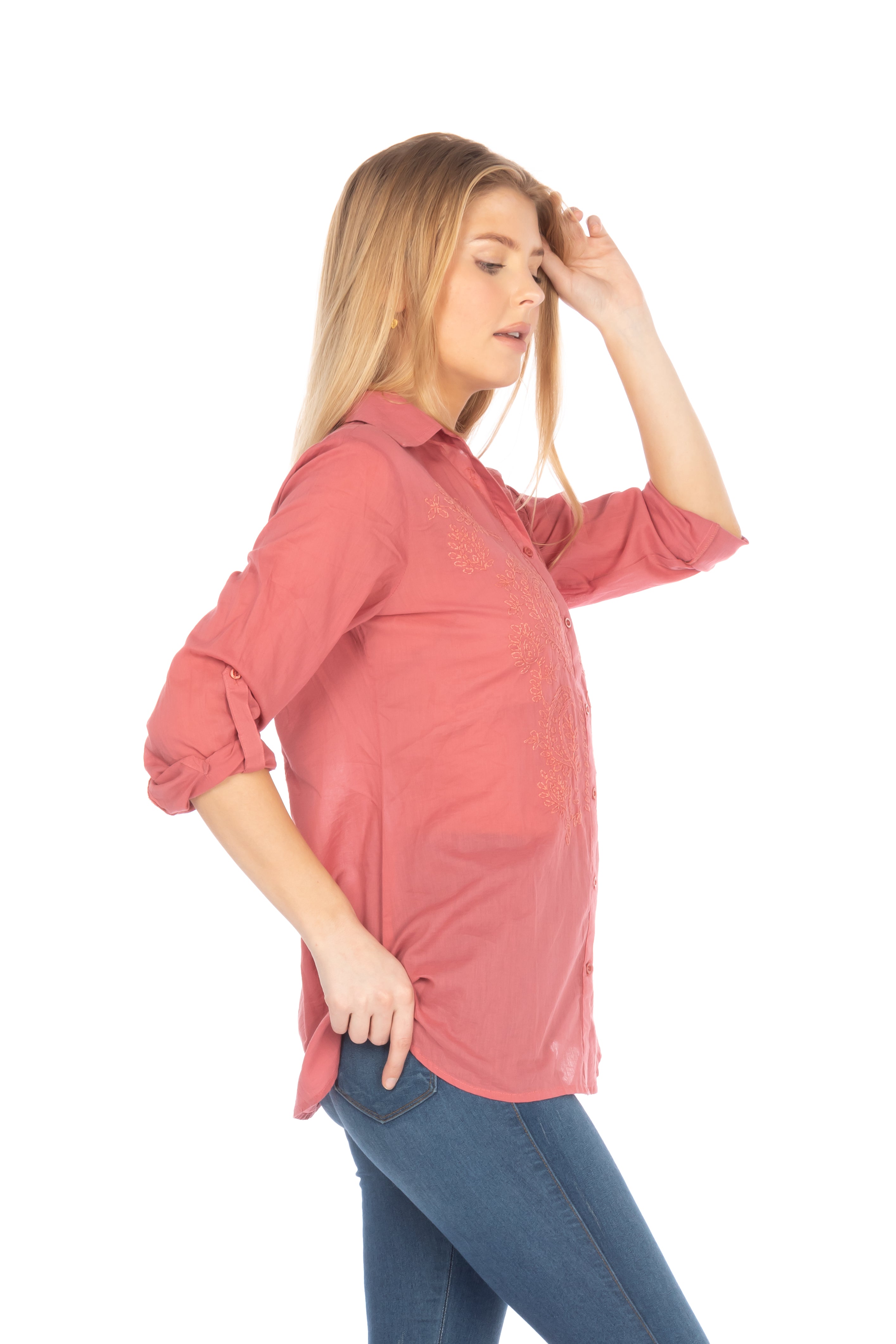 Red Button Down Shirt with Paisley Embroidery