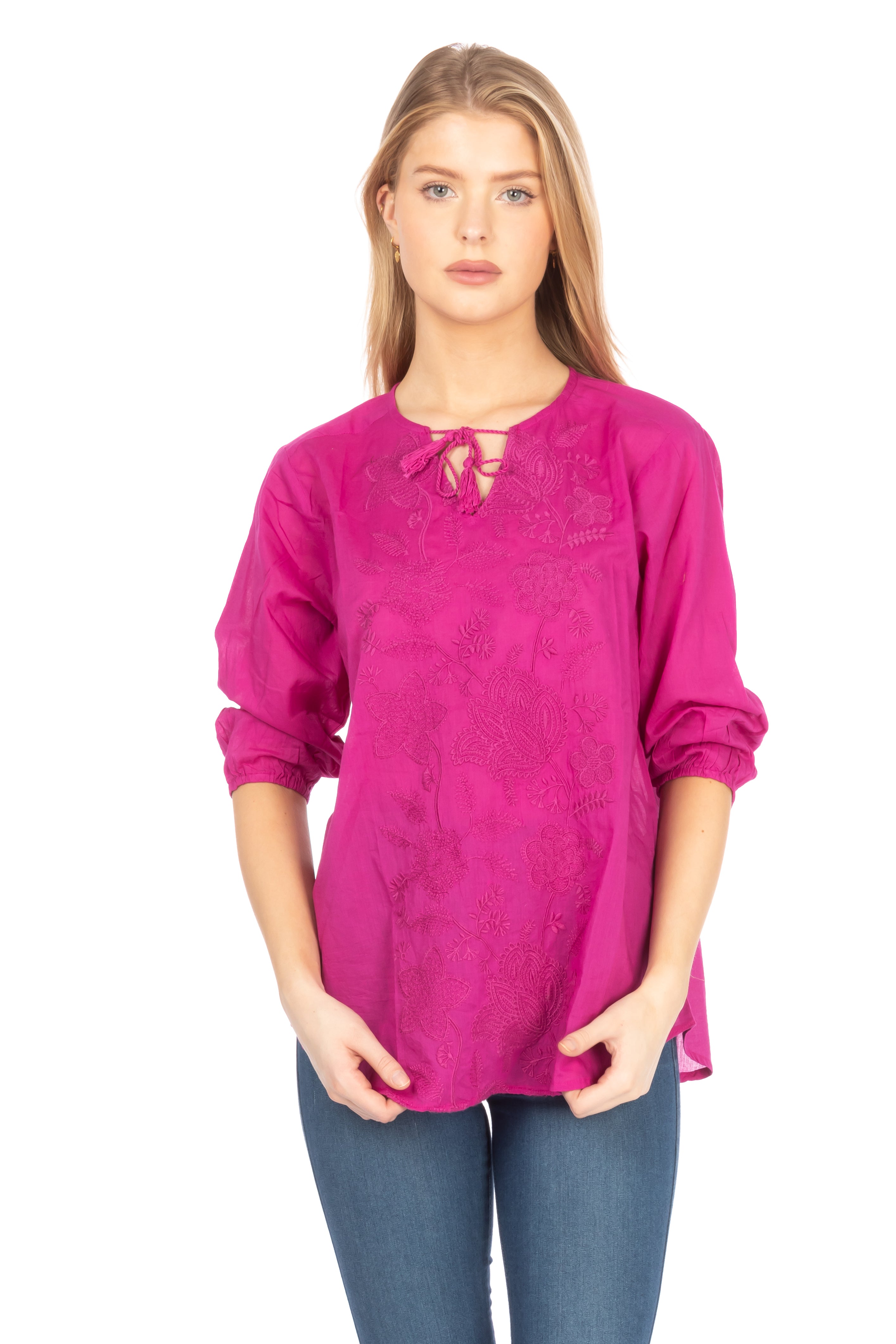 Orchid Tunic with Floral Embroidery and Drawstrings