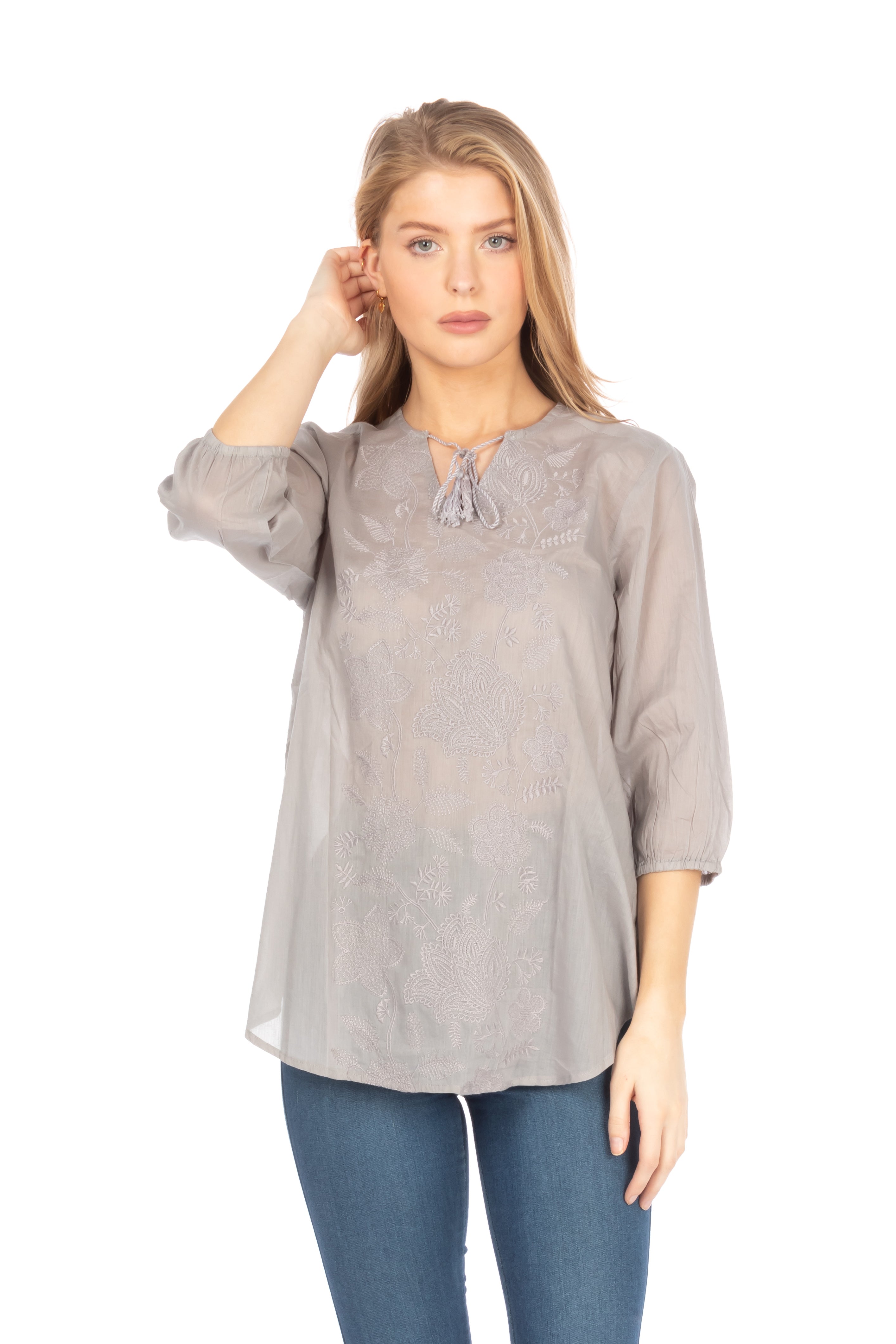 Gray Tunic with Floral Embroidery and Drawstrings