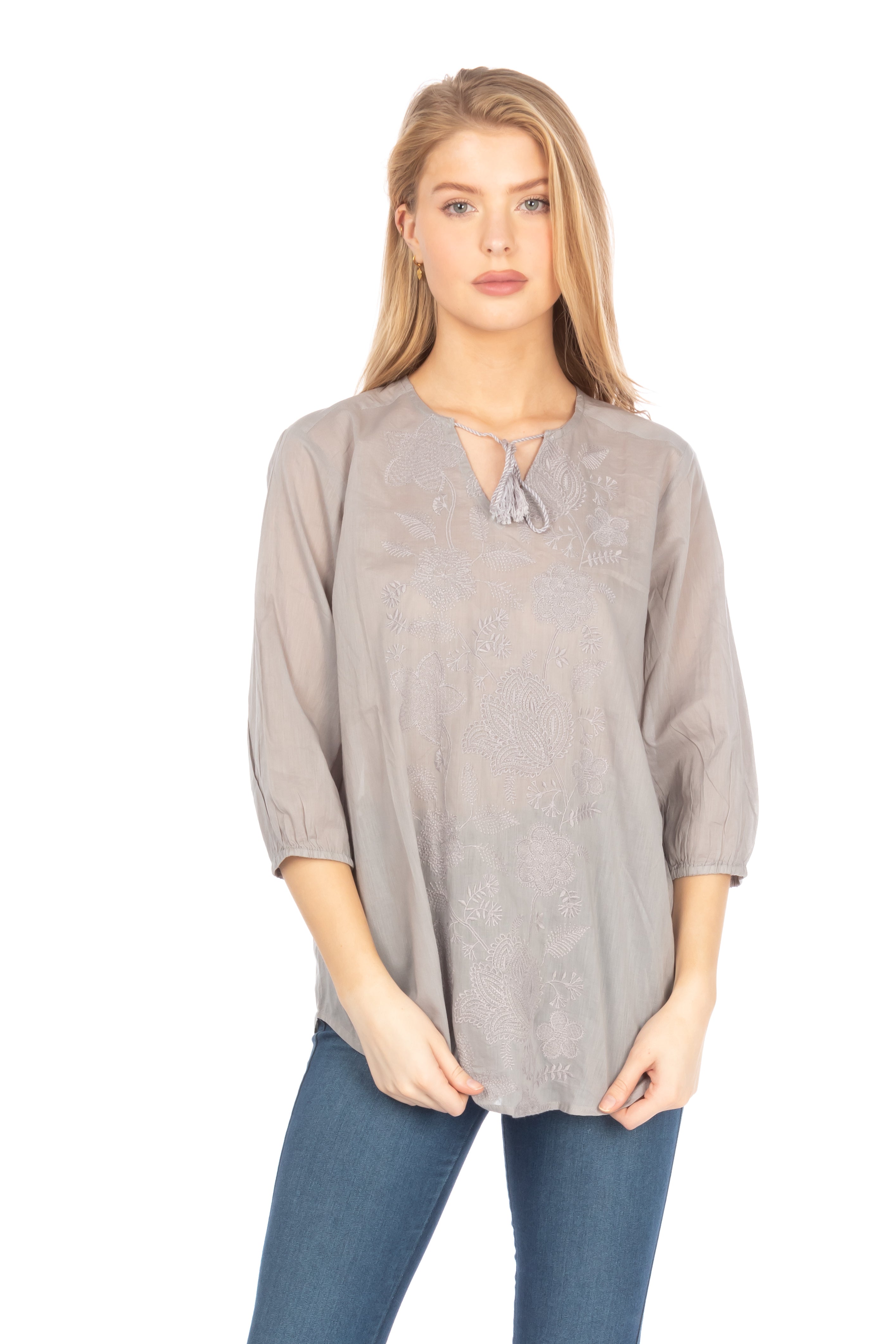 Gray Tunic with Floral Embroidery and Drawstrings