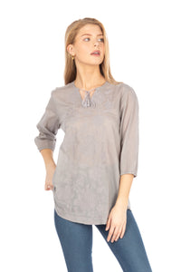 Gray Tunic with Floral Embroidery and Drawstrings