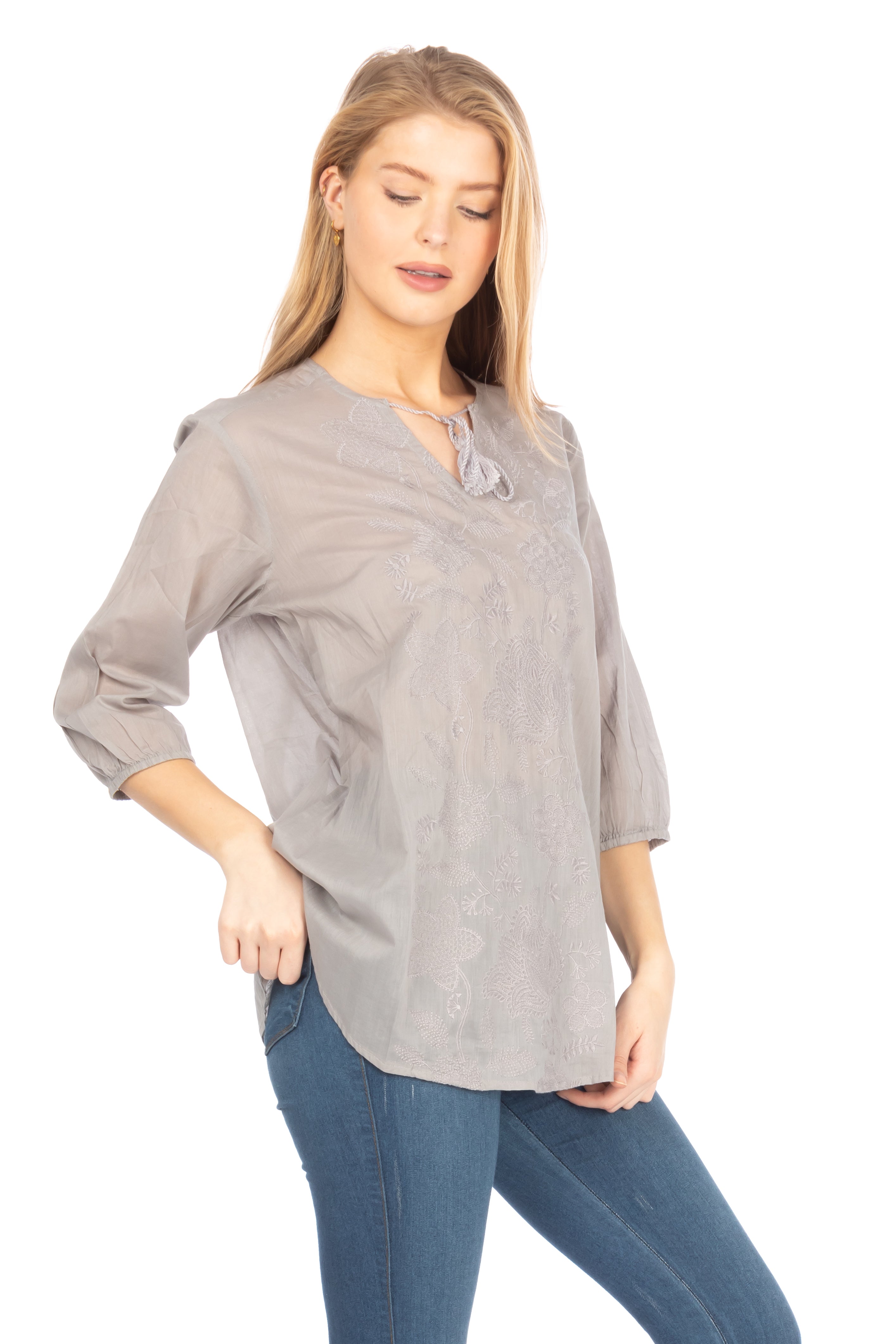 Gray Tunic with Floral Embroidery and Drawstrings