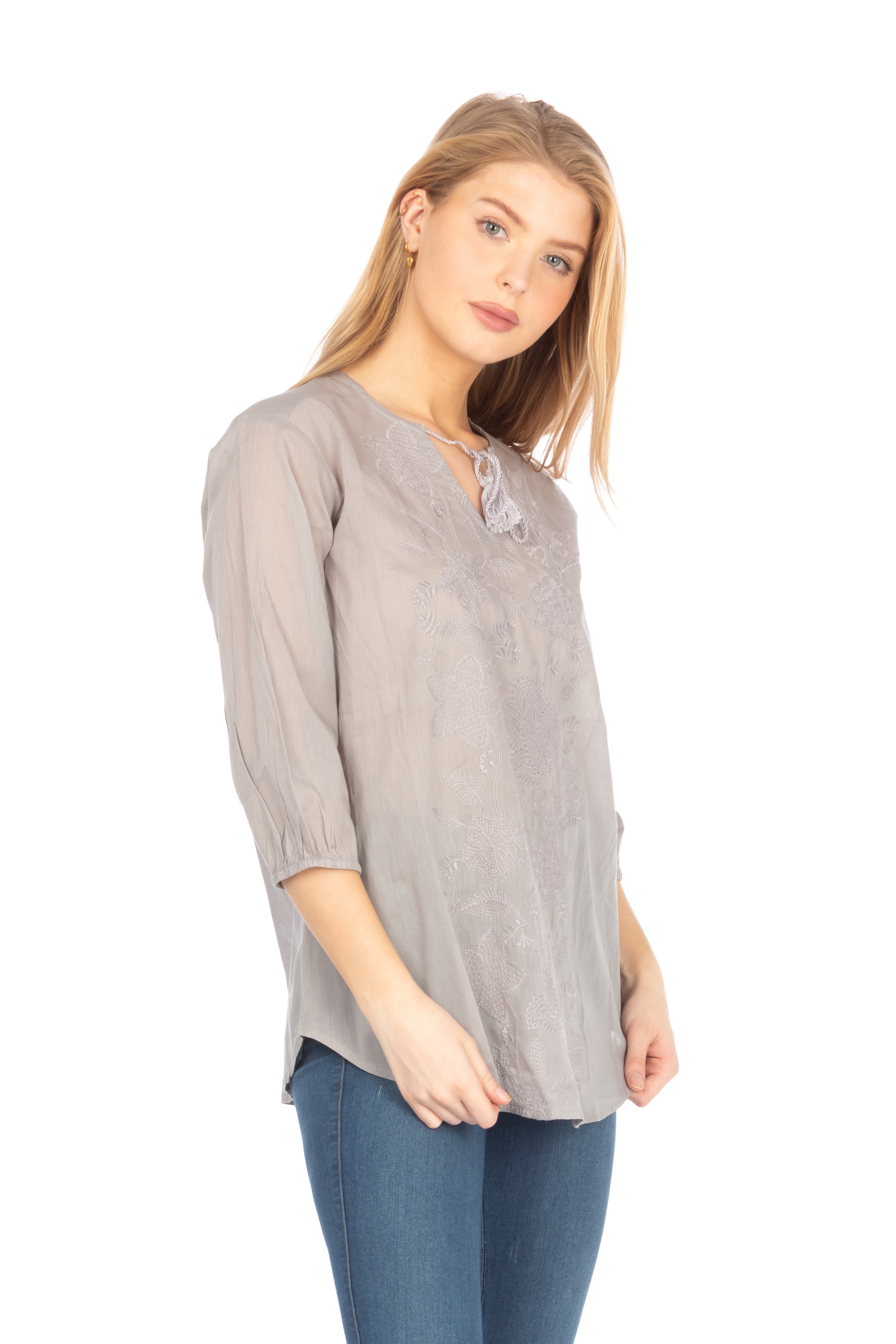 Gray Tunic with Floral Embroidery and Drawstrings