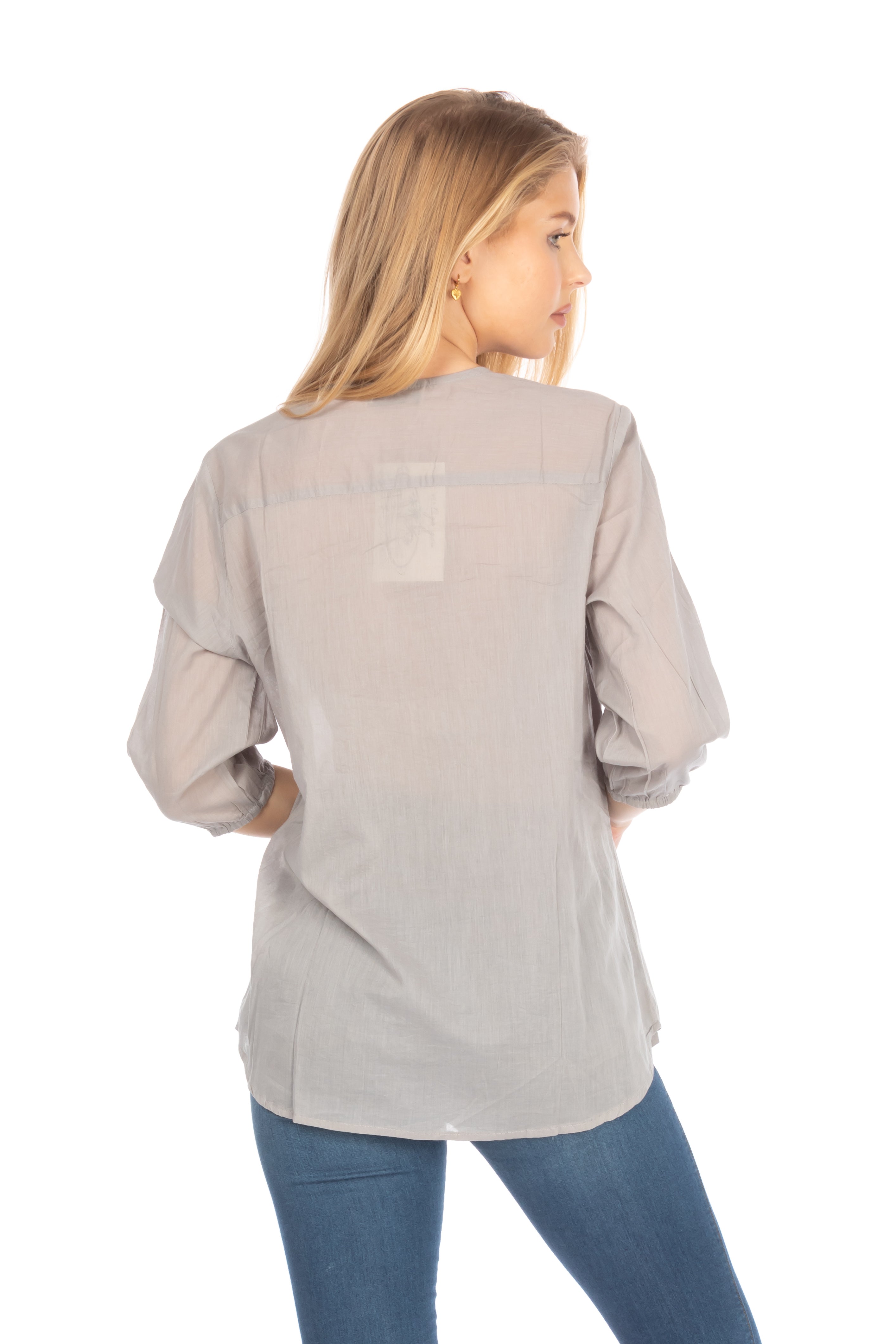 Gray Tunic with Floral Embroidery and Drawstrings