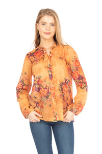 Floral Boho Button-Down Top with Draw Strings