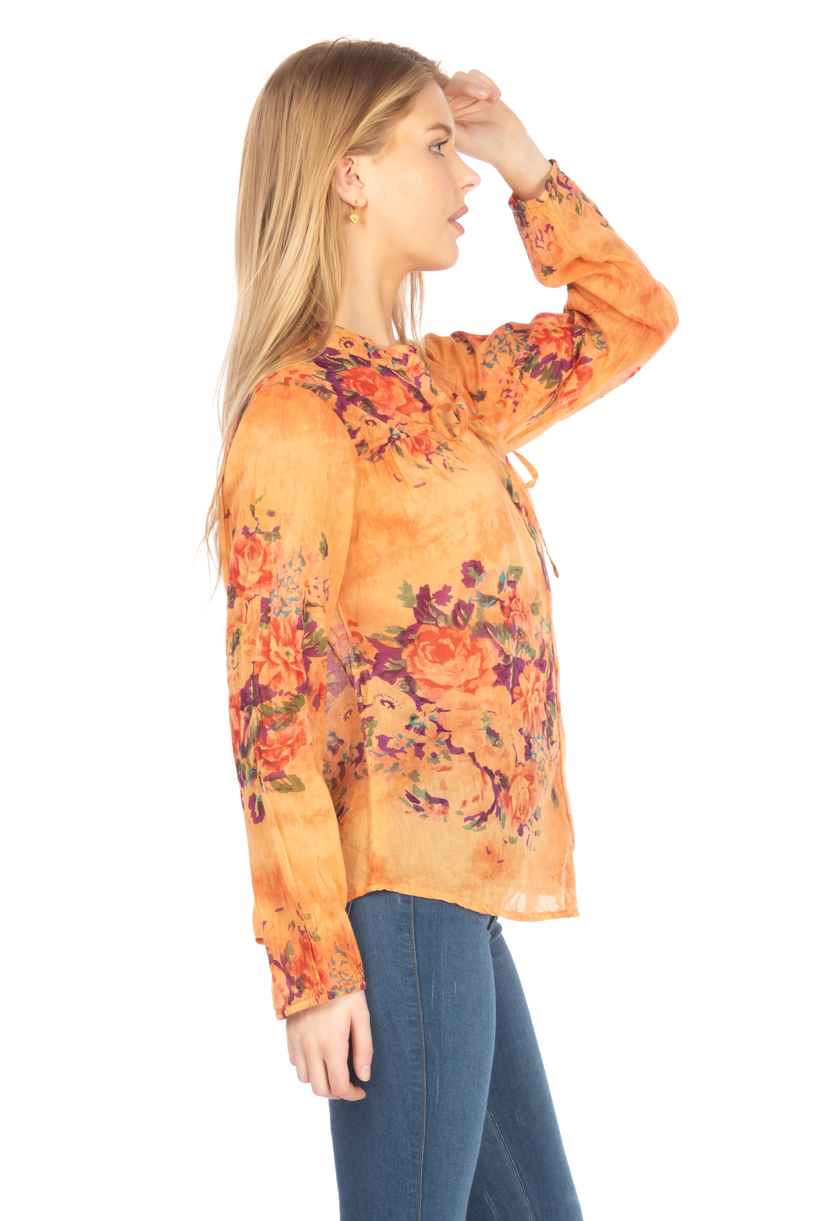 Floral Boho Button-Down Top with Draw Strings