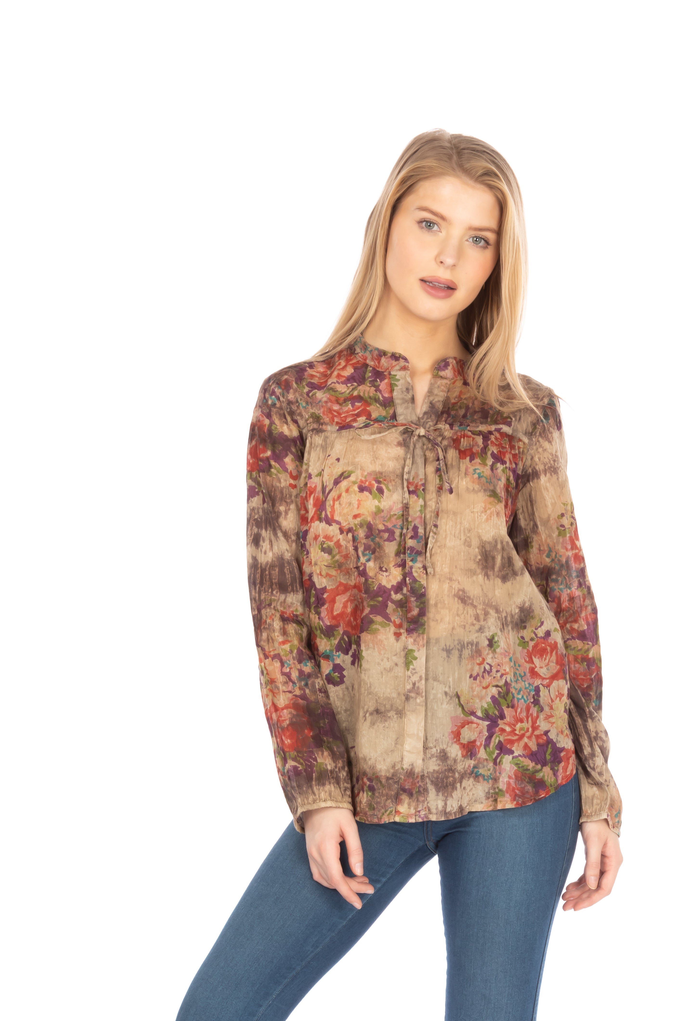 Floral Boho Button-Down Top with Draw Strings