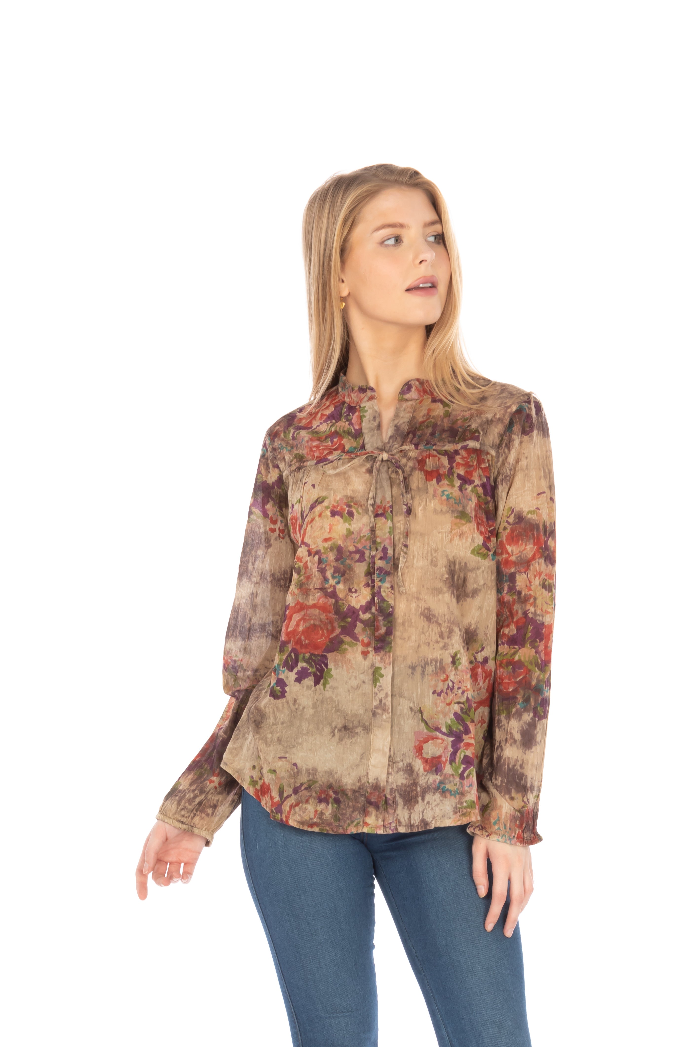 Floral Boho Button-Down Top with Draw Strings