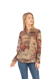 Floral Boho Button-Down Top with Draw Strings