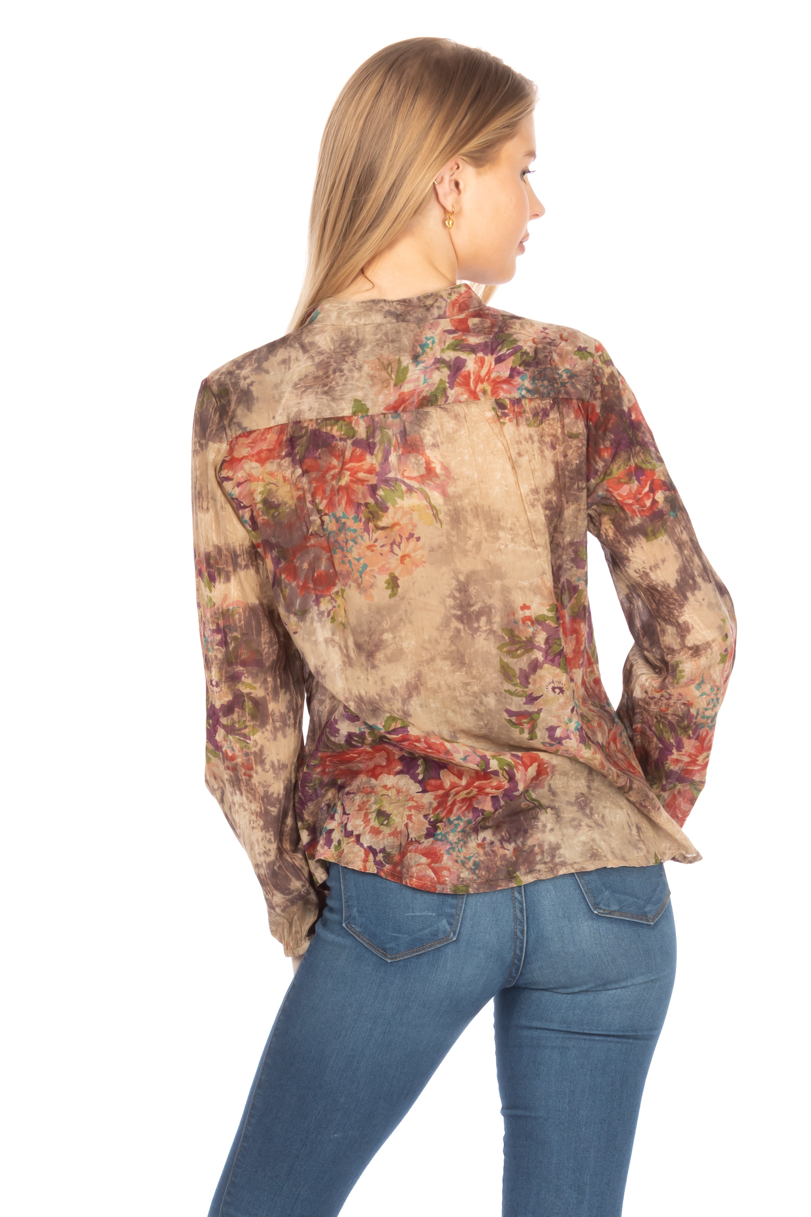 Floral Boho Button-Down Top with Draw Strings