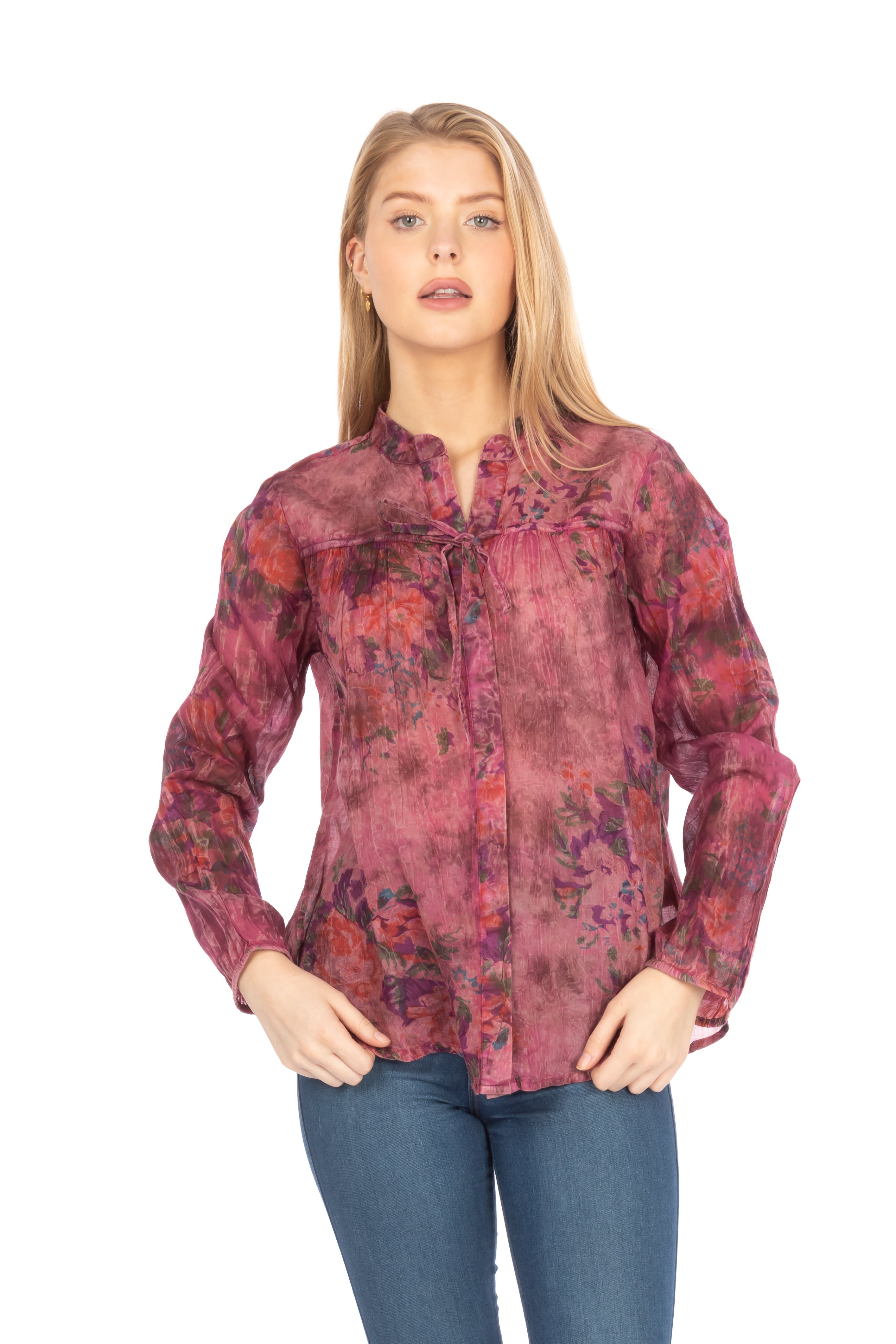 Floral Boho Button-Down Top with Draw Strings