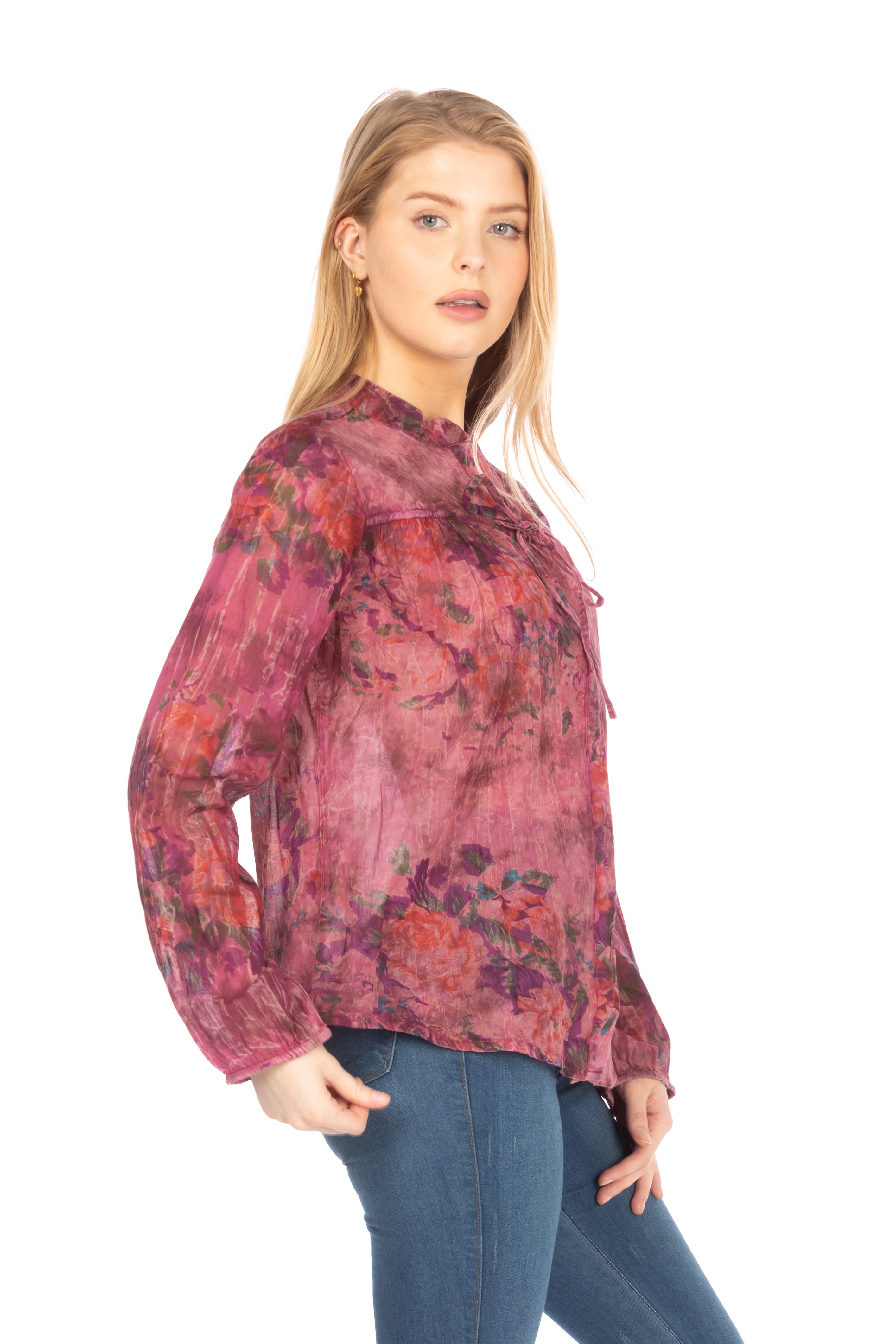 Floral Boho Button-Down Top with Draw Strings