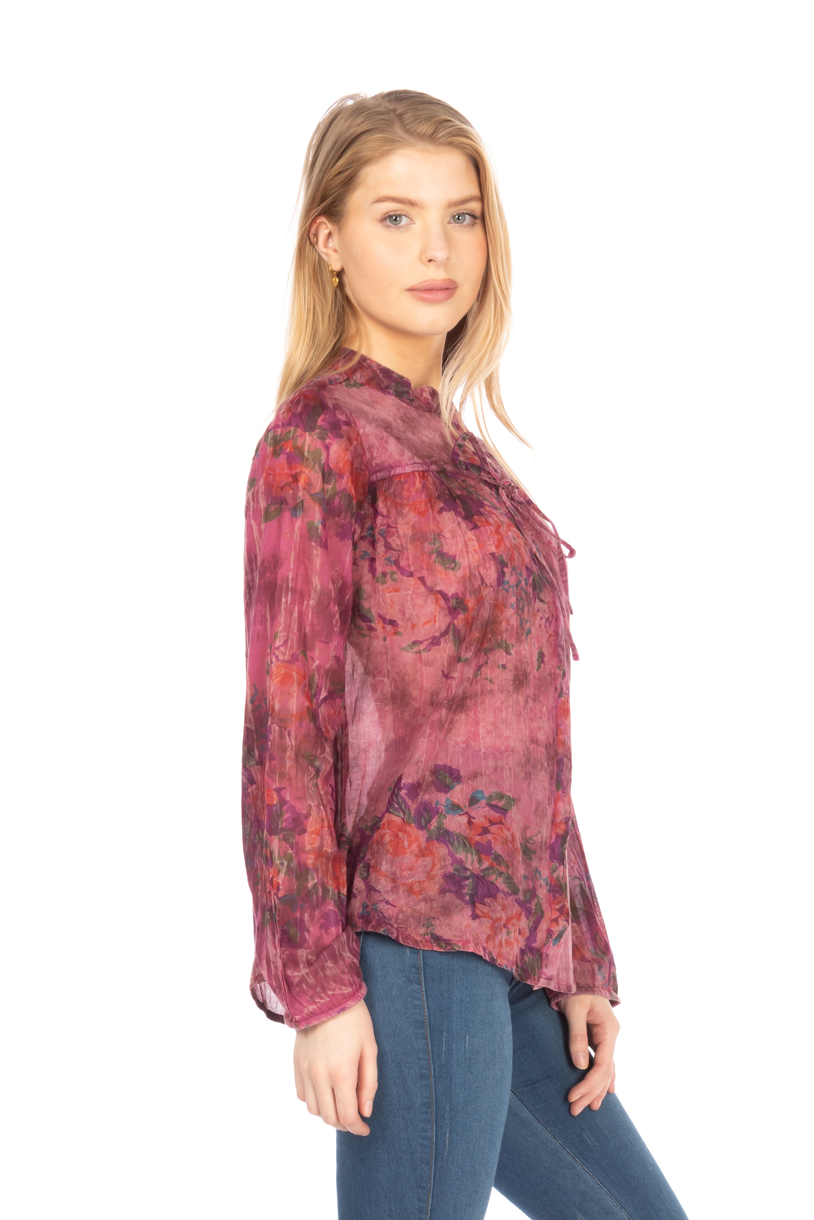 Floral Boho Button-Down Top with Draw Strings