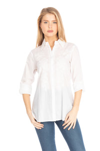 White Button Down Shirt with Paisley Embroidery