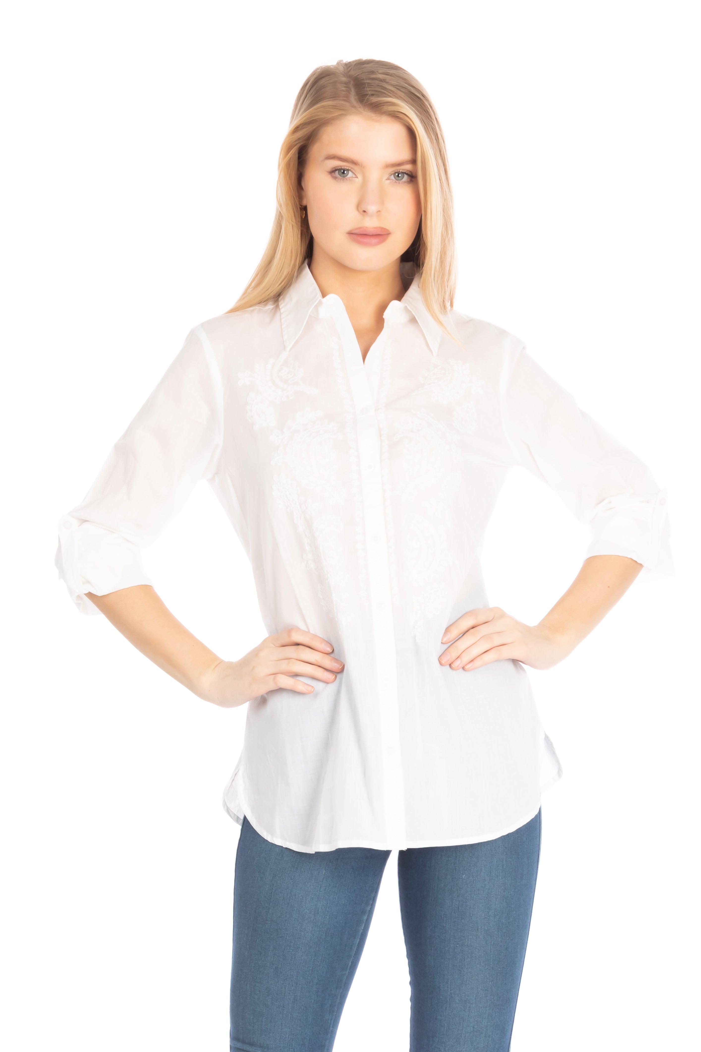 White Button Down Shirt with Paisley Embroidery