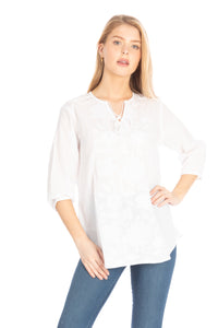 White Tunic with Floral Embroidery and Drawstrings