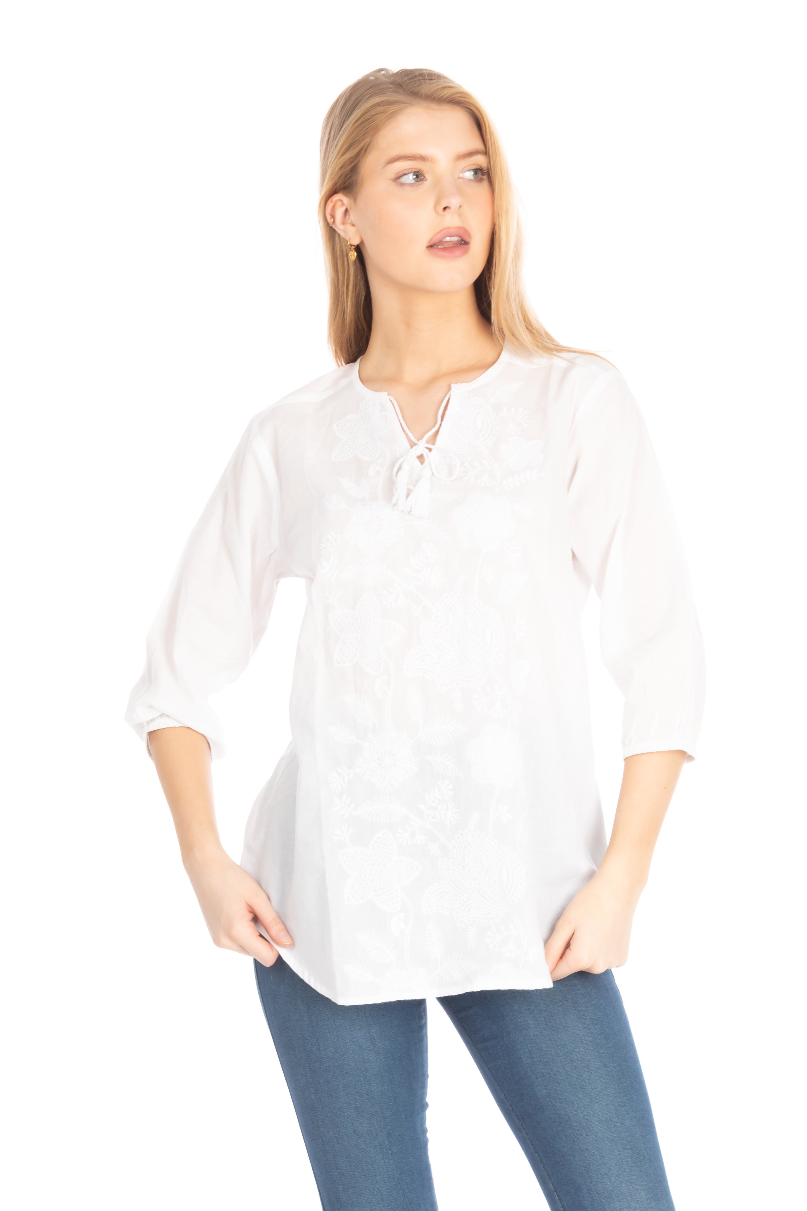 White Tunic with Floral Embroidery and Drawstrings