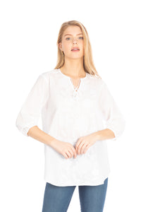 White Tunic with Floral Embroidery and Drawstrings