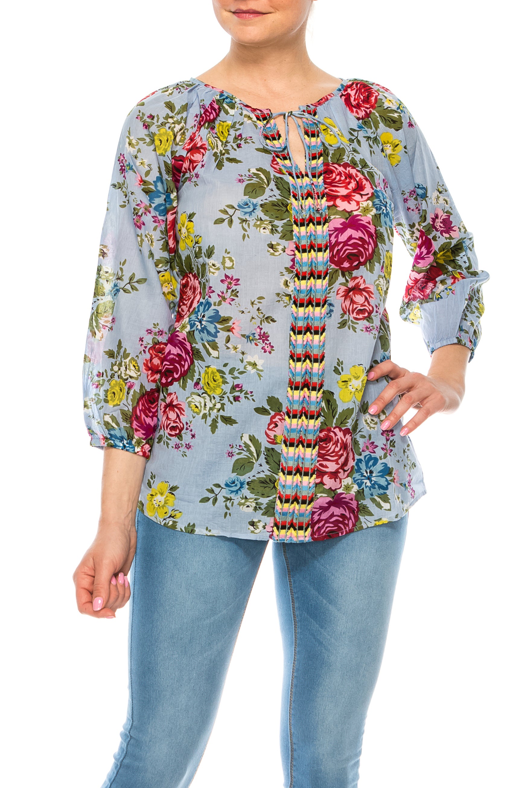 Floral Peasant Top with Embroidery