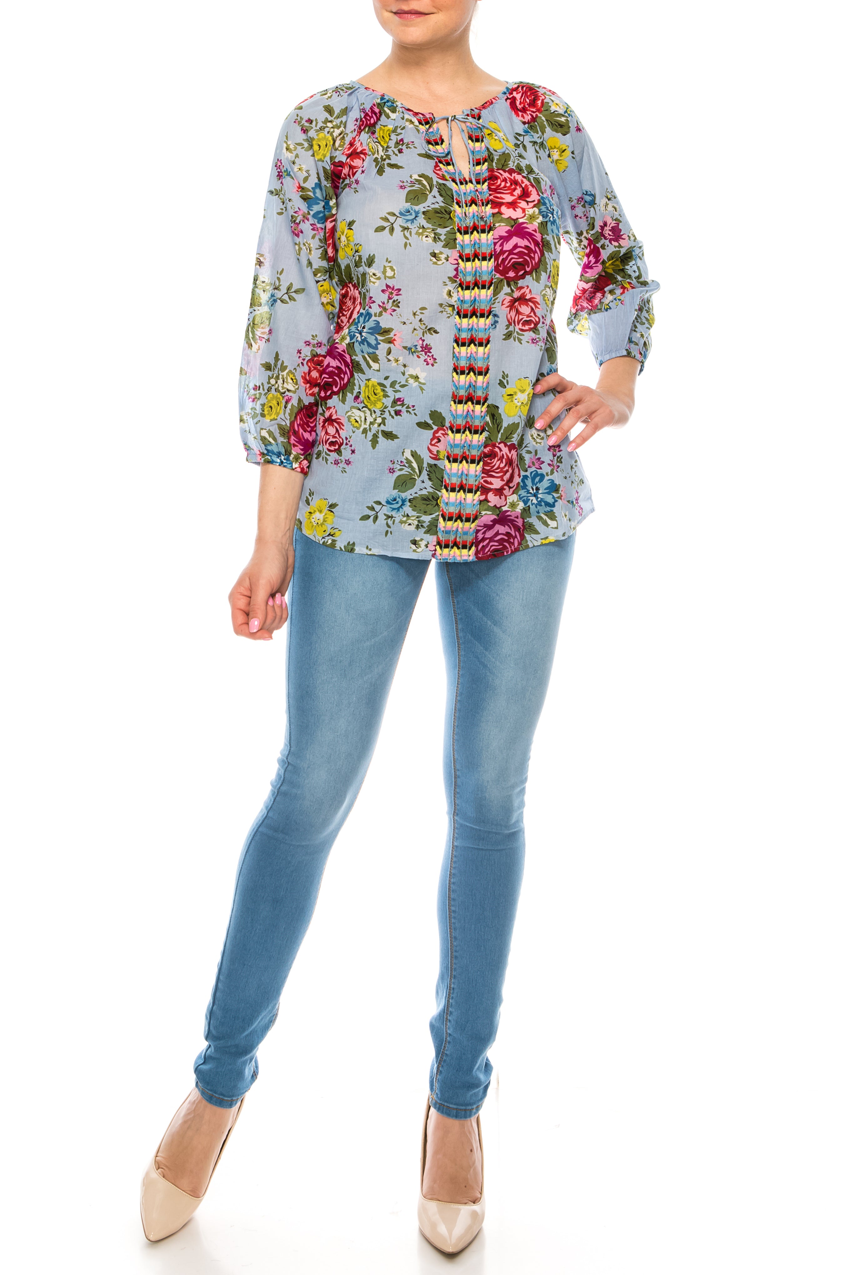 Floral Peasant Top with Embroidery