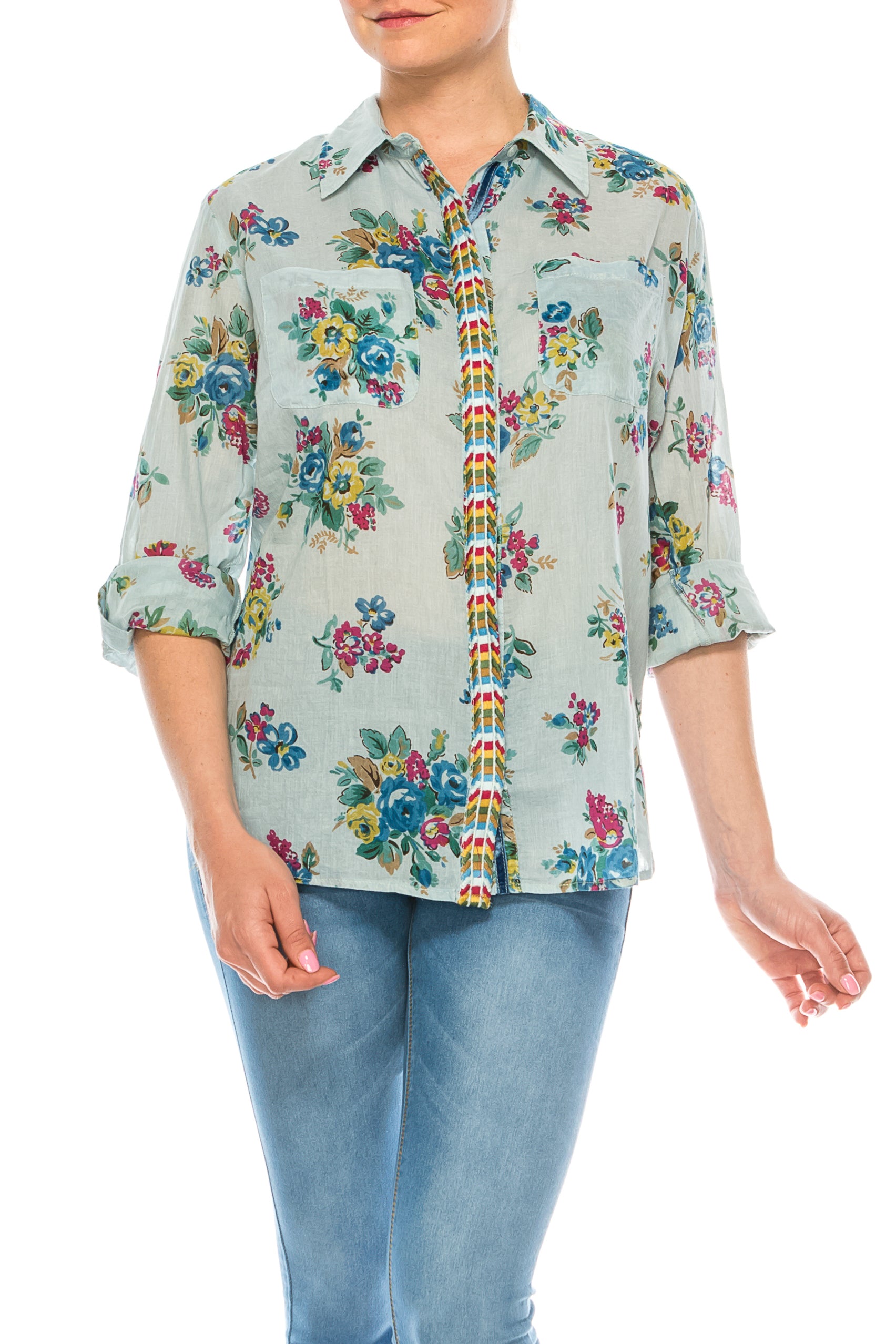 Button-Down Floral Printed Shirt with Colorful Embroidery