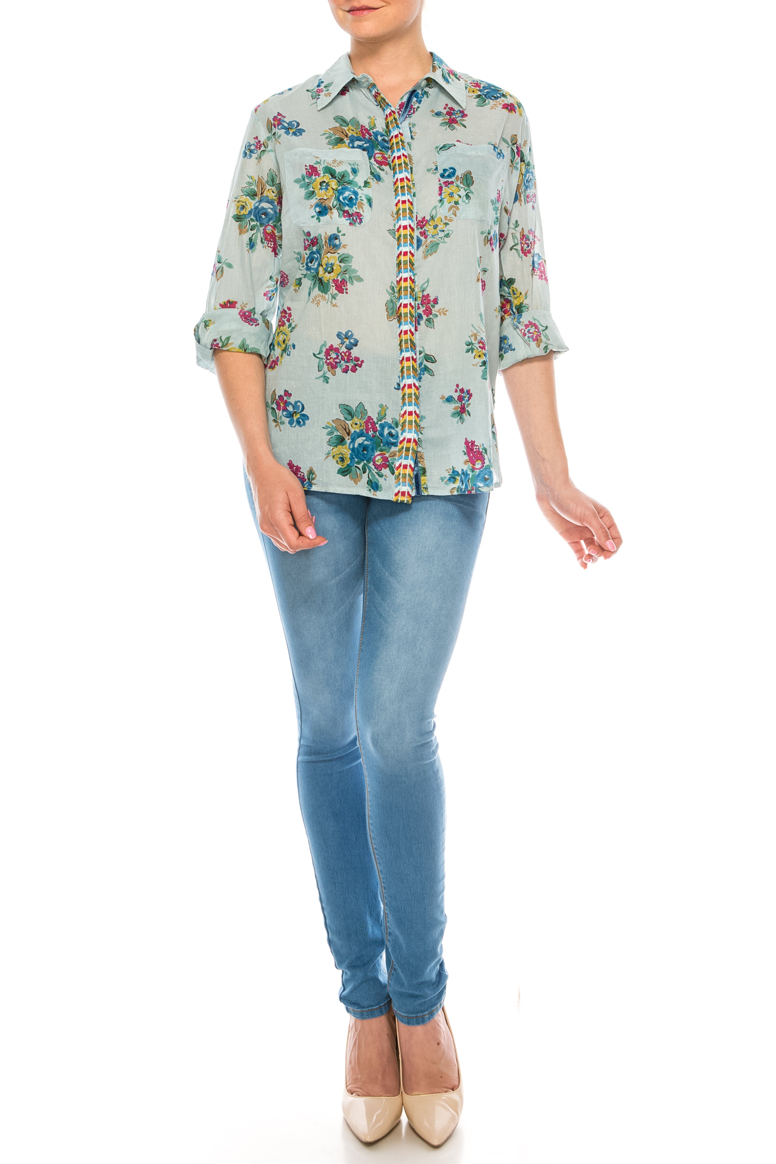 Button-Down Floral Printed Shirt with Colorful Embroidery