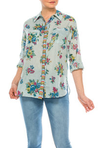 Button-Down Floral Printed Shirt with Colorful Embroidery