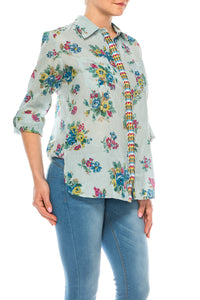 Button-Down Floral Printed Shirt with Colorful Embroidery