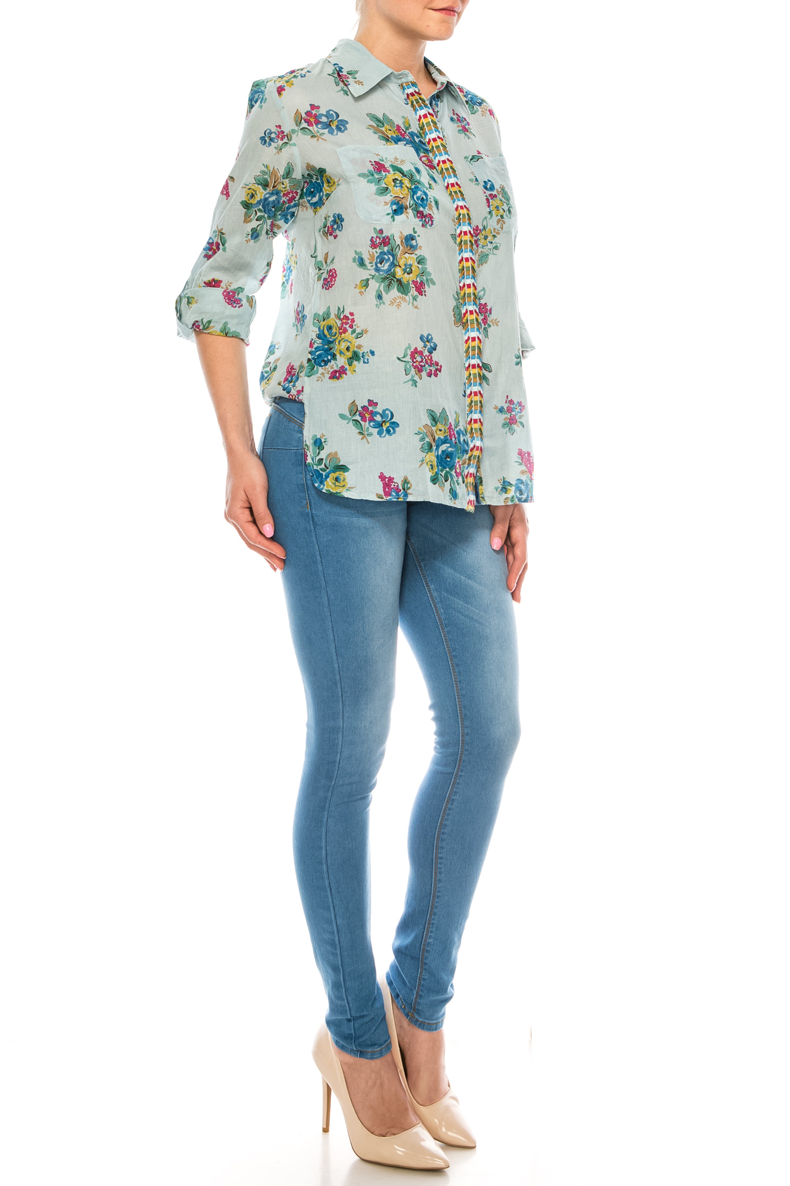 Button-Down Floral Printed Shirt with Colorful Embroidery