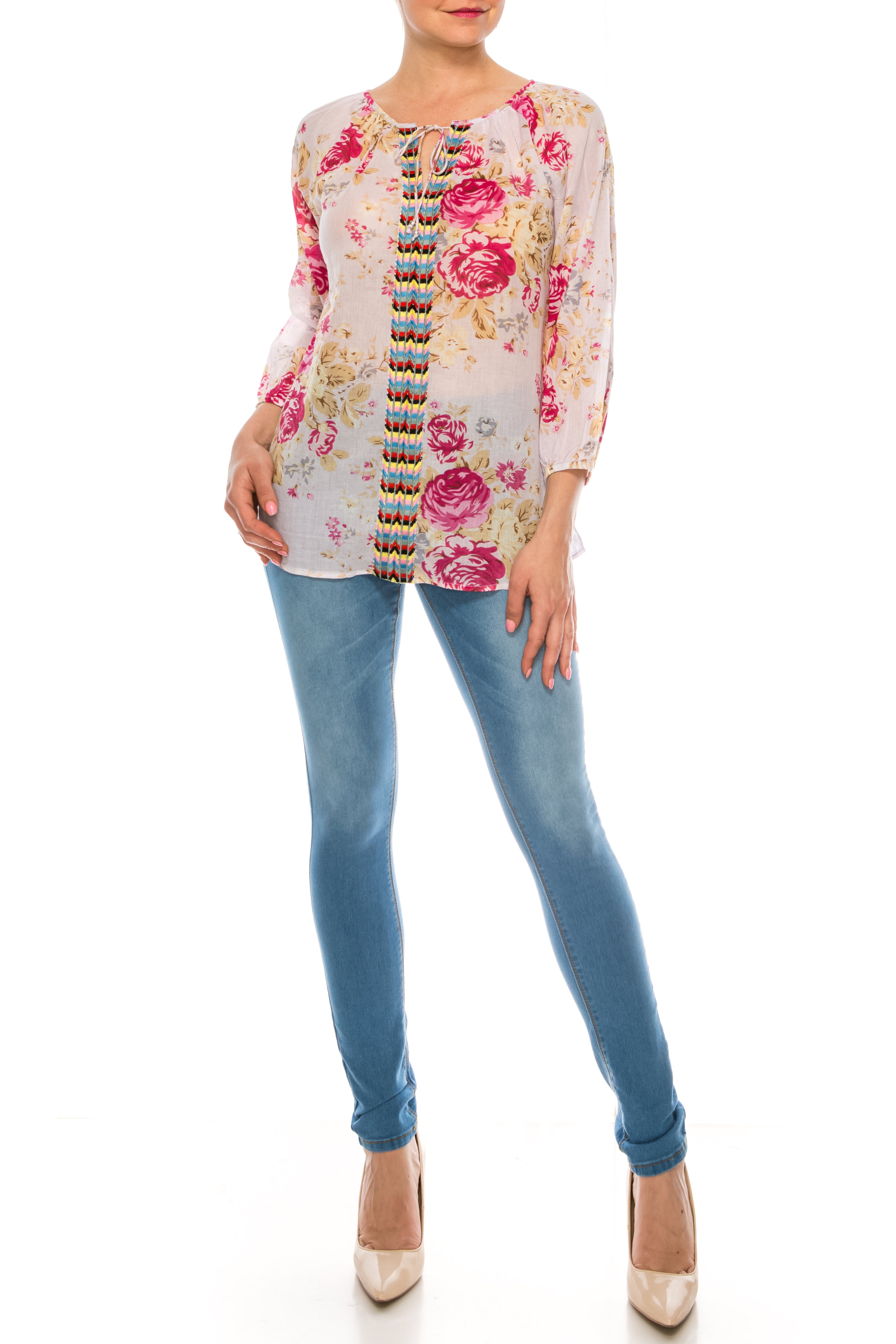 Floral Peasant Top with Embroidery