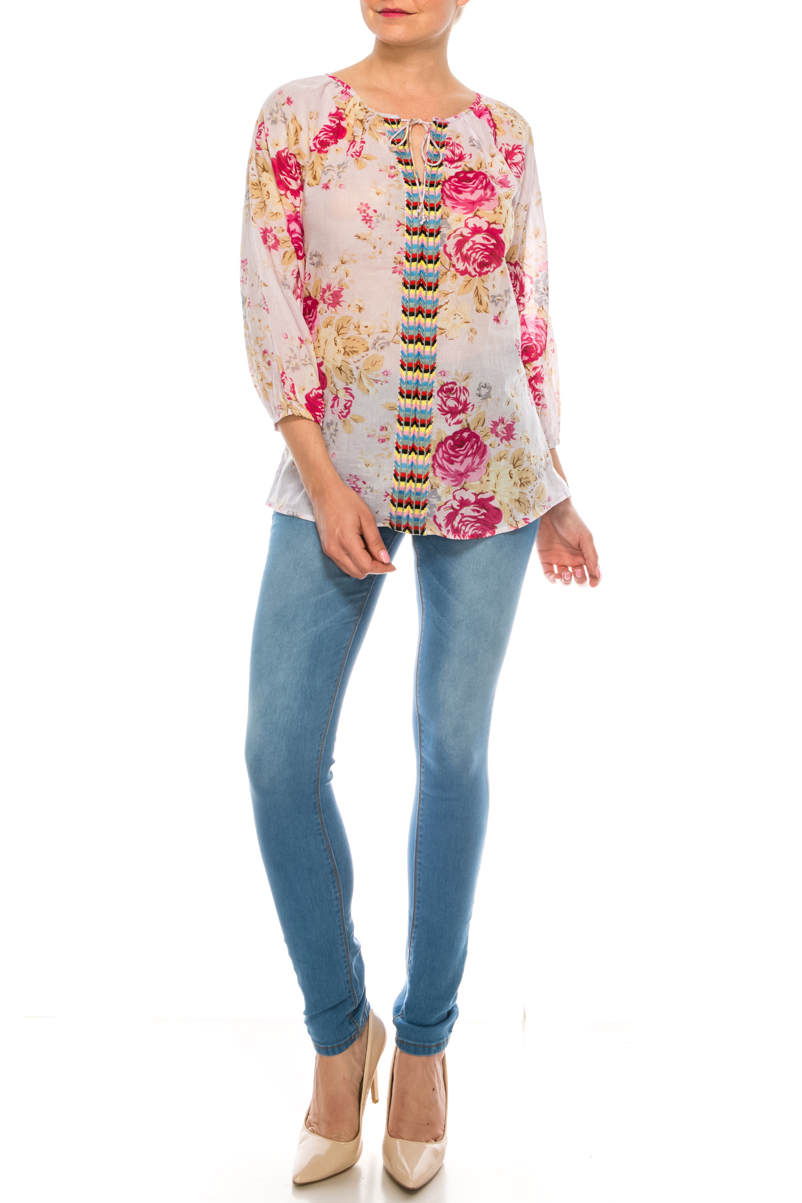 Floral Peasant Top with Embroidery